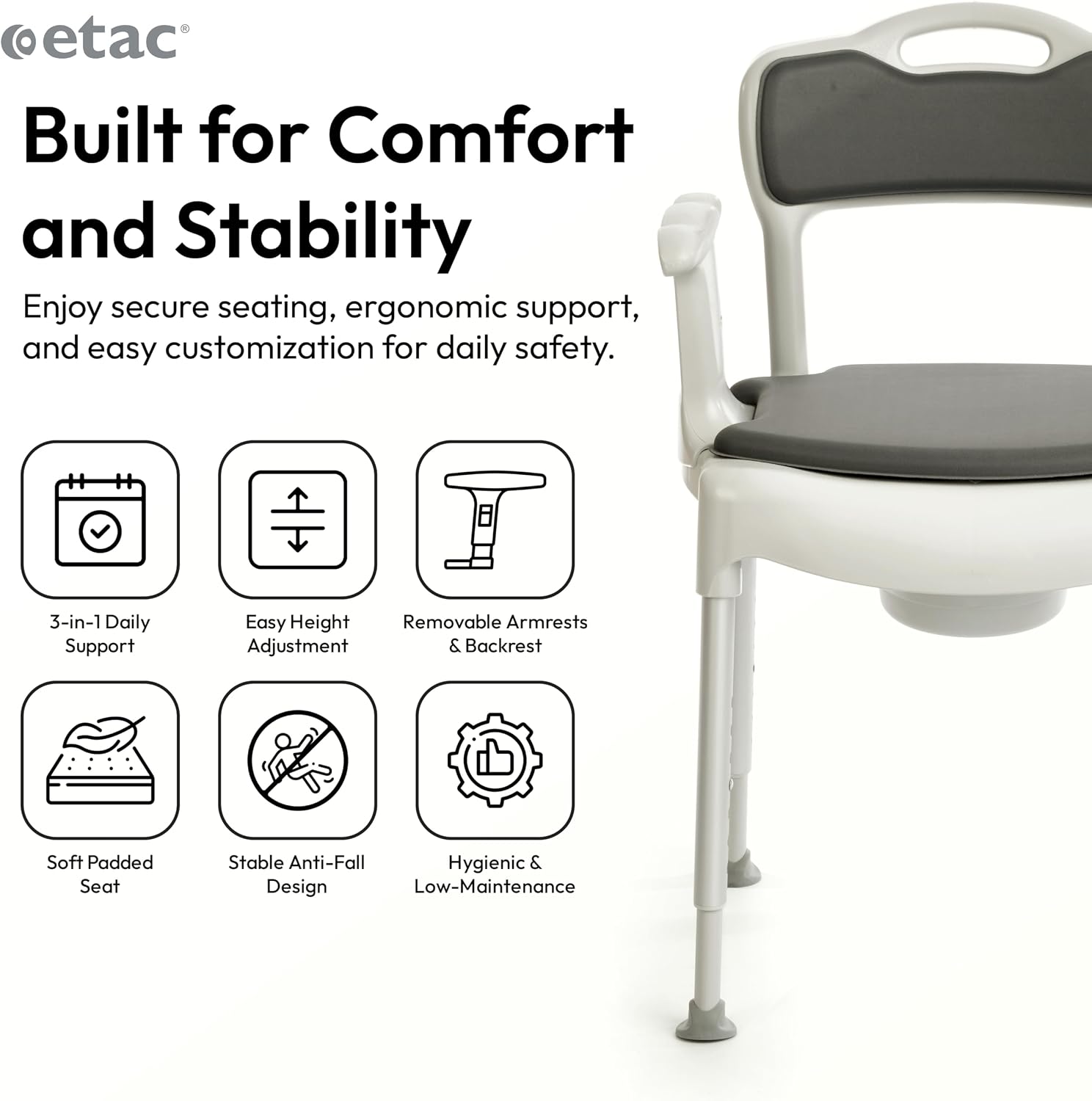 Etac Swift Commode – 3-in-1 Multi-Purpose Chair: Use as a Bedside Commode, Shower Chair & Toilet Seat Raiser – Height Adjustable, Lightweight