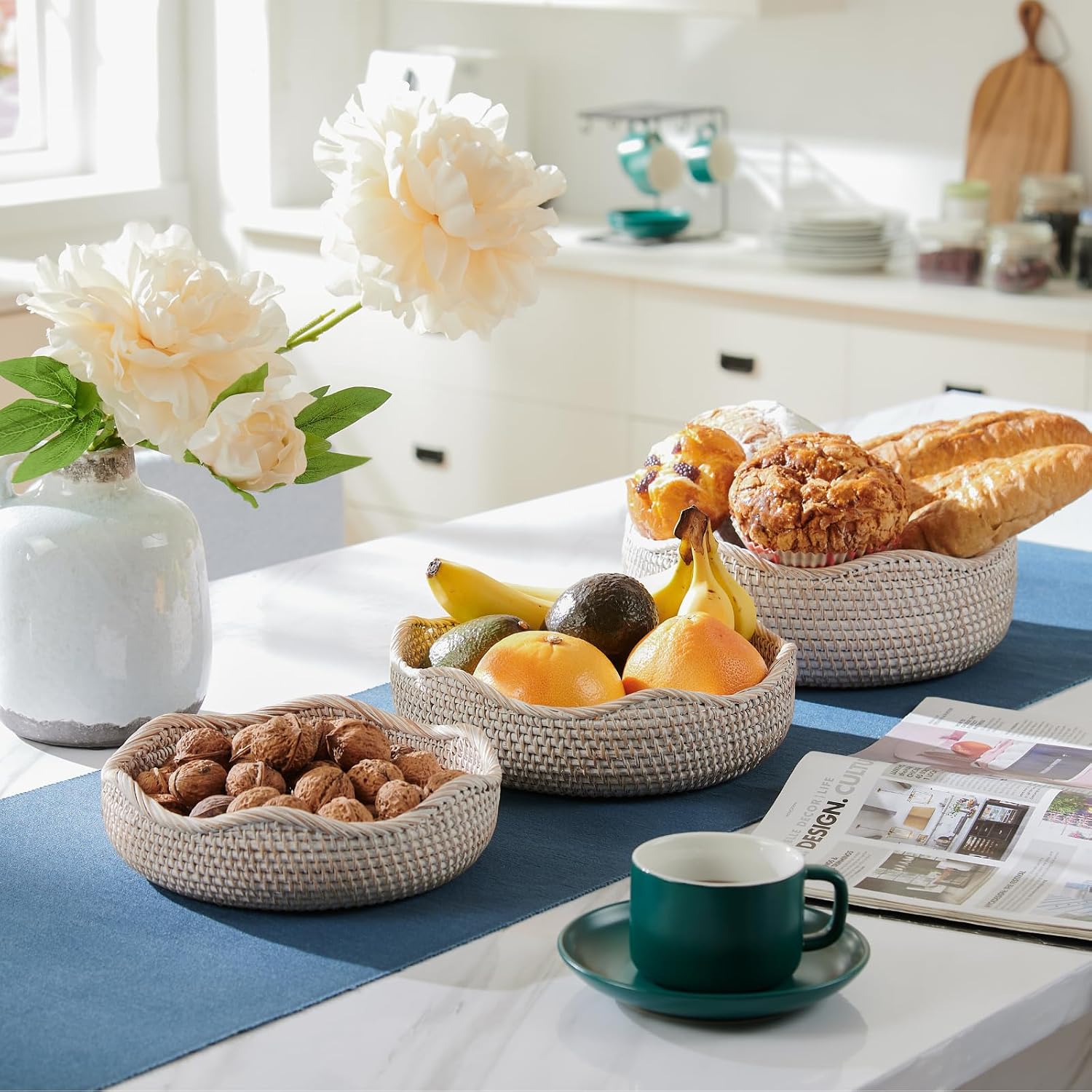 YANGQIHOME Rattan Bread Basket, Round Fruit Baskets, Wicker Storage Bowls, Natural Woven Serving Basket Bowls
