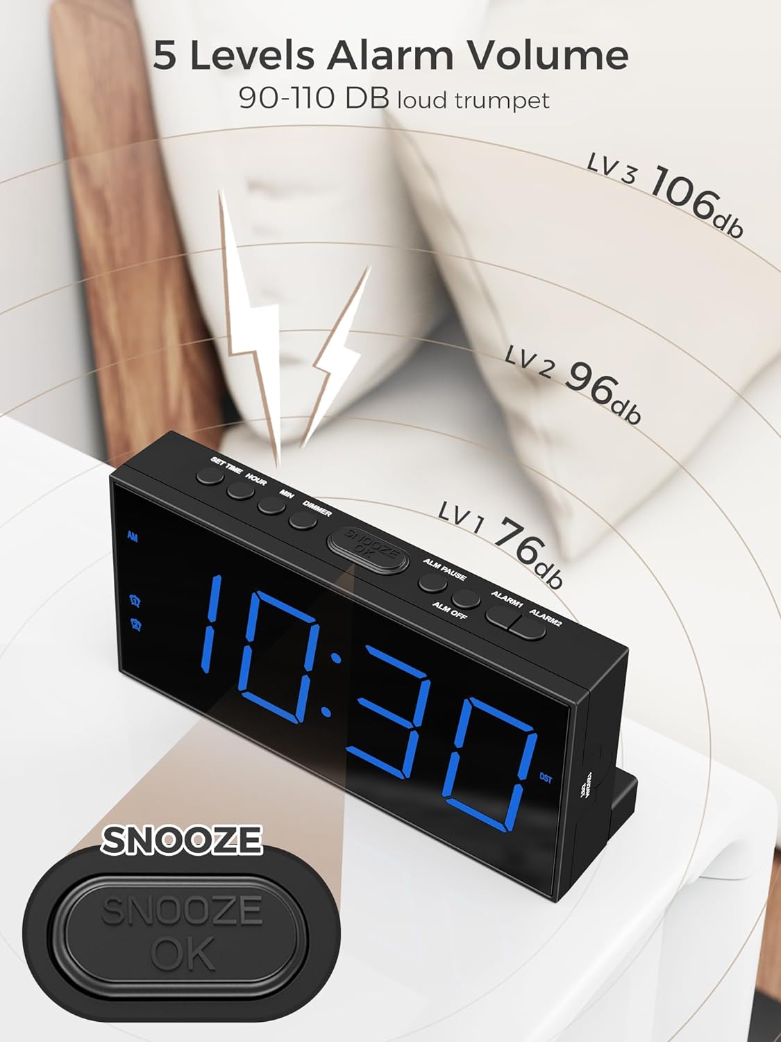 Digital Alarm Clocks for Bedrooms, Dual Alarms, 7.5-Inch Large Display