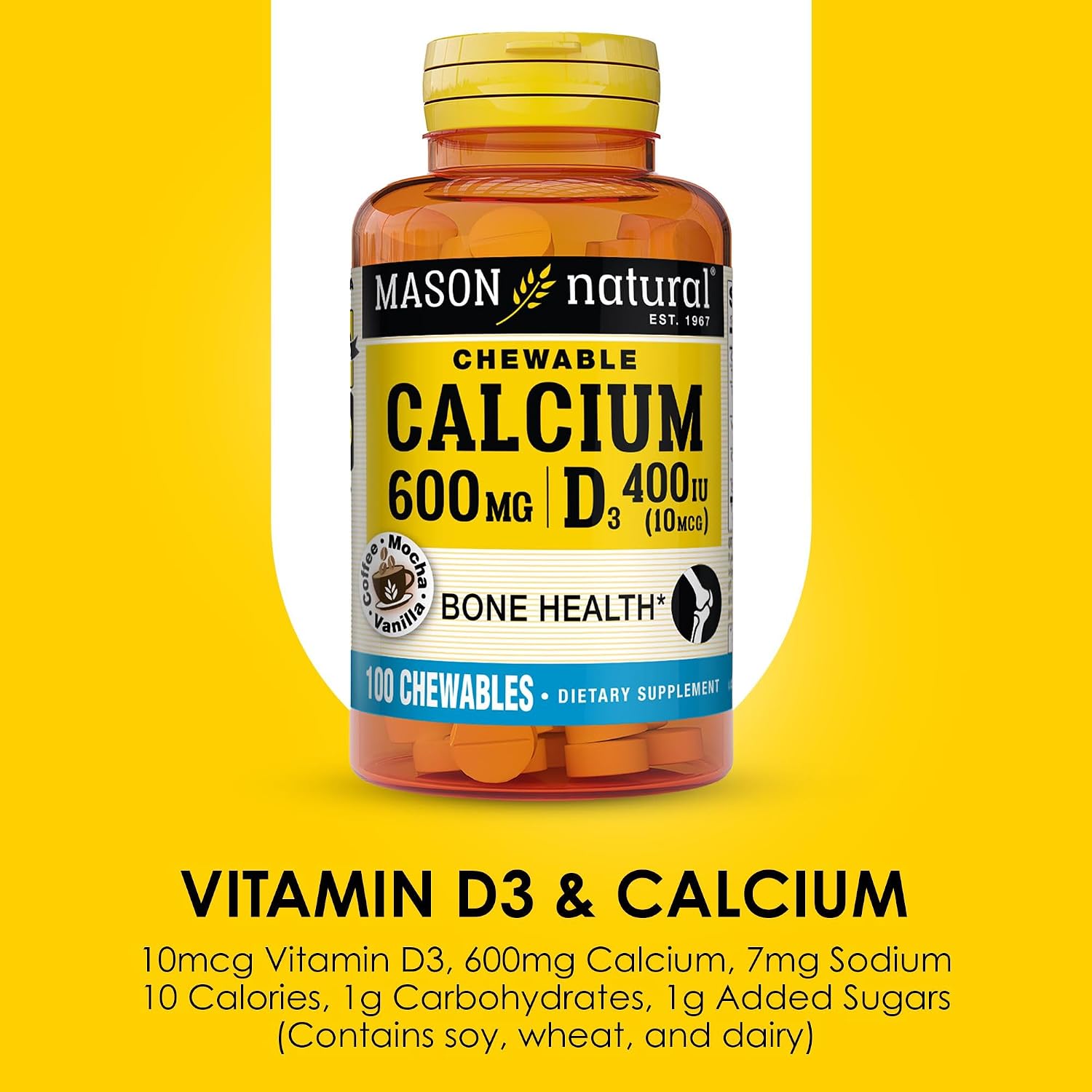 MASON NATURAL Calcium 600 mg with Vitamin D3, 100 Day Supply, Supports Healthy Bones & Normal Muscle Function, Coffee Mocha Flavor, 100 Chewables