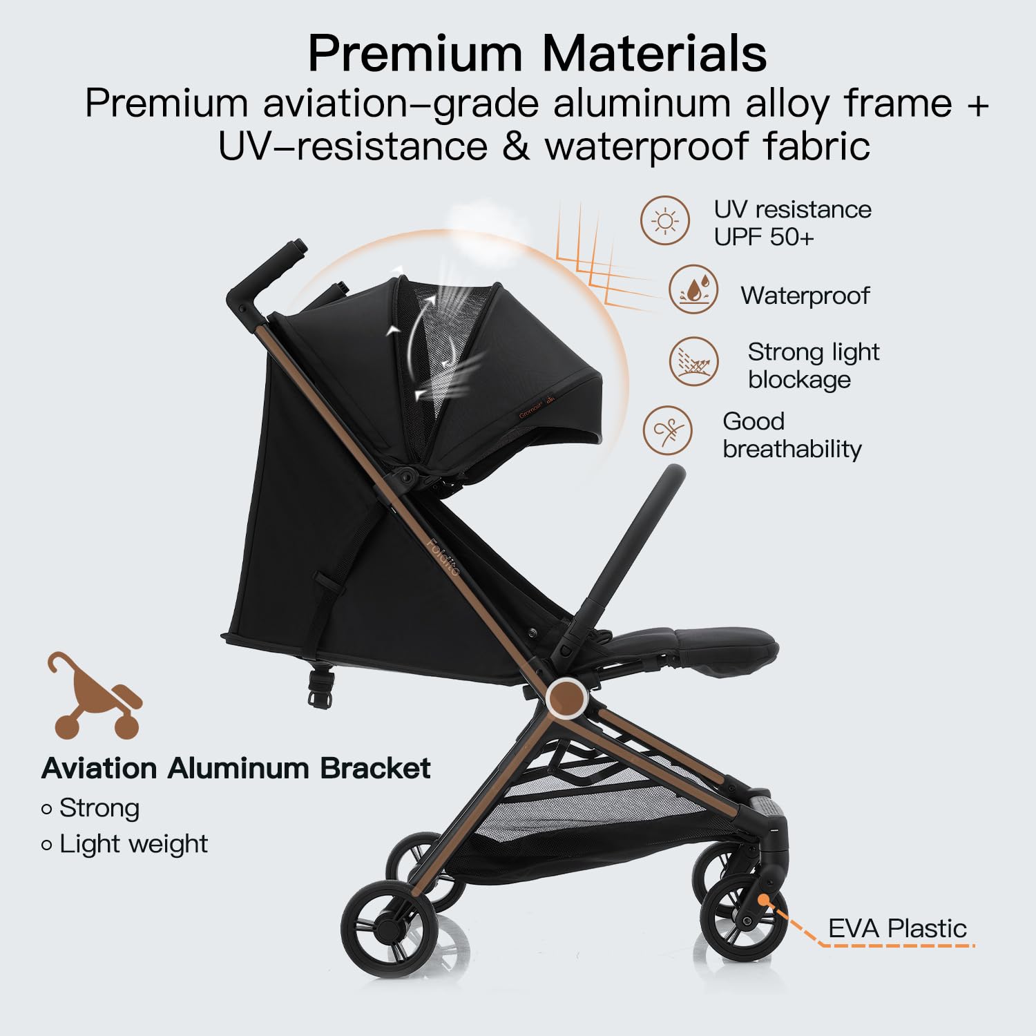 Gromast Travel Stroller for Airplane, Ultra Compact & Lightweight – Only 9.9 lbs, Portable Infant Toddler Baby Stroller, w/UPF 50+ Canopy - Black