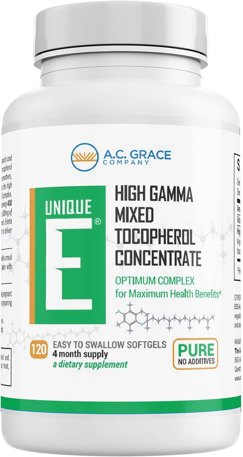 UNIQUE E A.C. Grace Company Mixed Tocopherols 120 Soft Gels, Supports Healthy Brain Function, General Health, and Aging Support