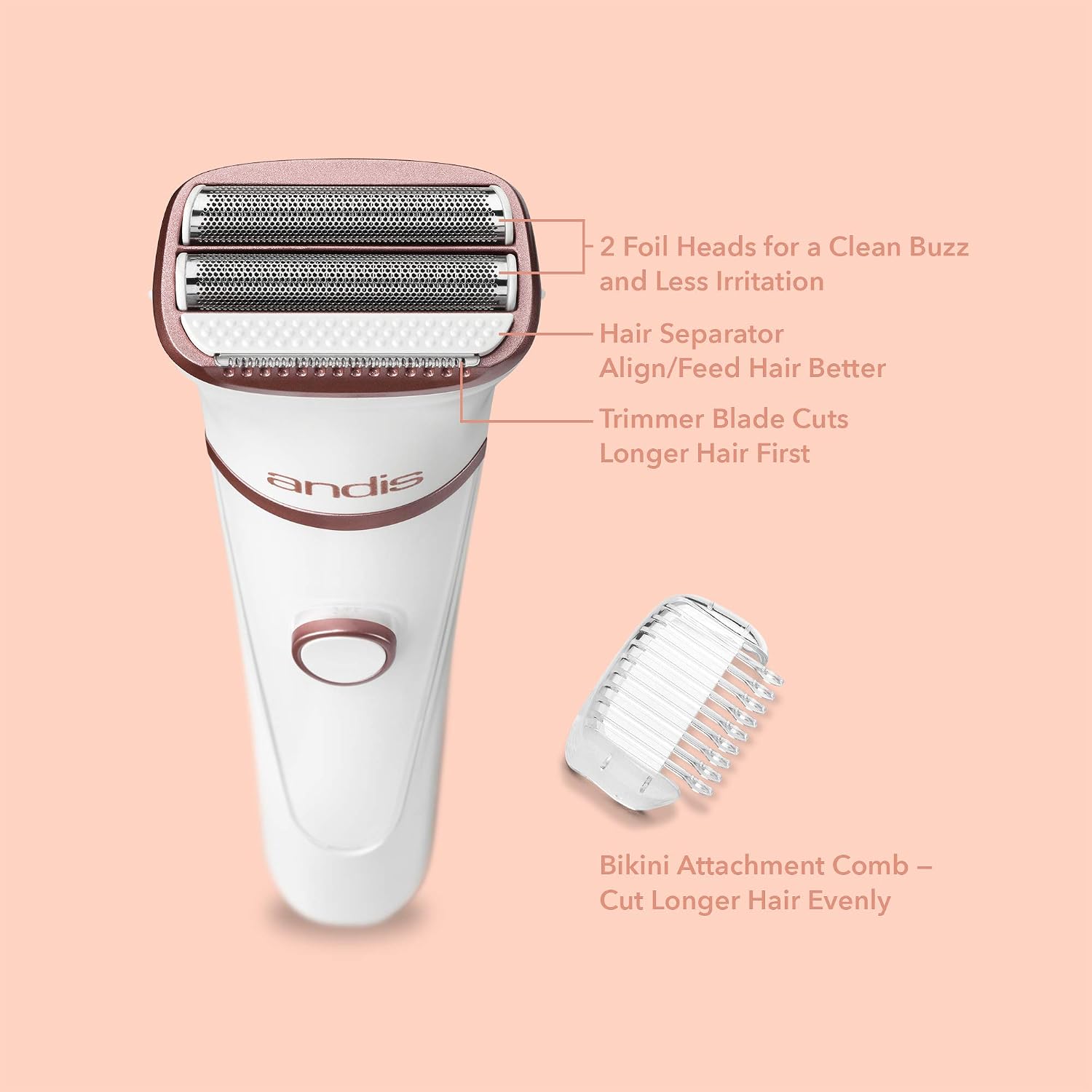 Andis 31015 Close Curves Electric Shaver for Women - Perfect for Legs, Bikini Area & Underarms Hair Removal - Rechargeable Cordless Wet & Dry Shaver