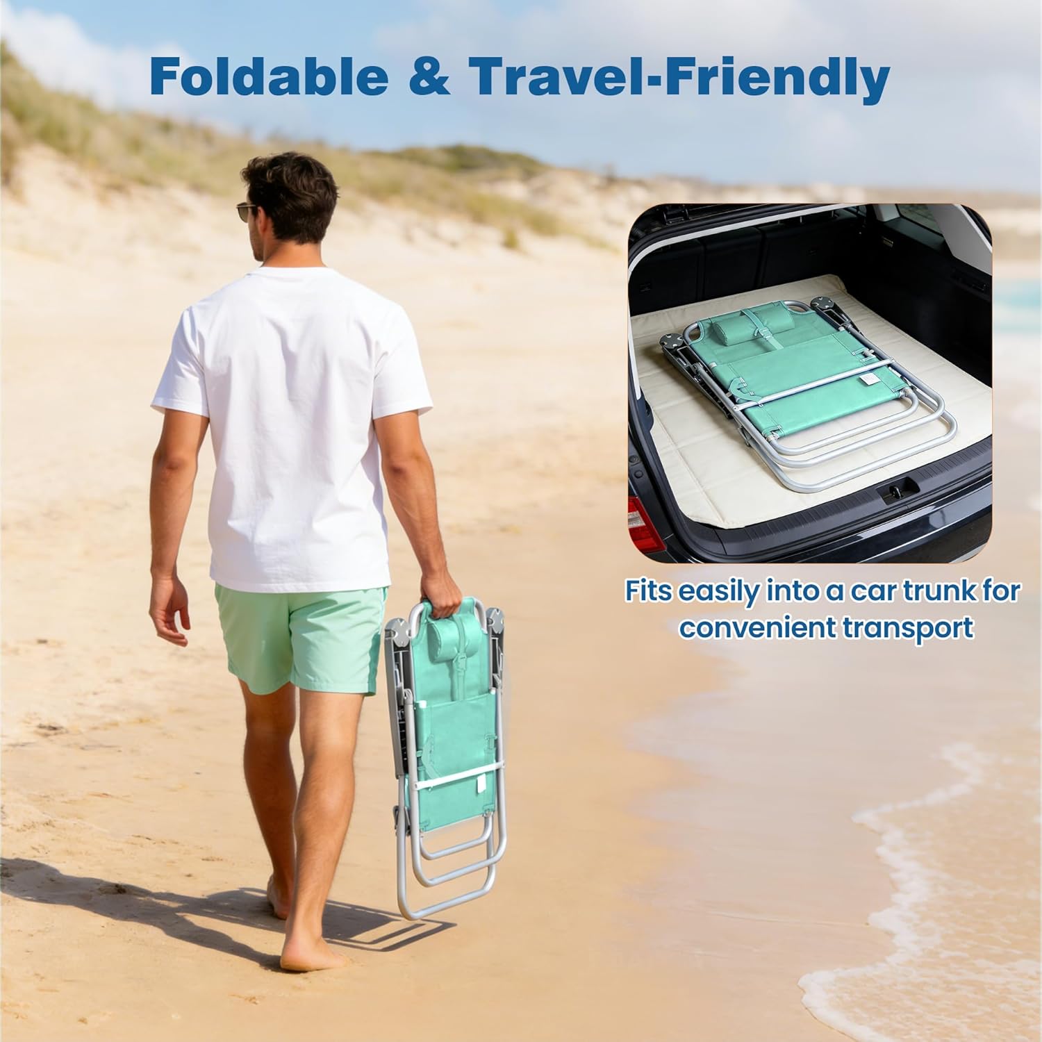 SUNNYFEEL Oversized Tall Folding Beach Chair Lightweight, 17" Portable Sand Chair for Adults Heavy Duty 500 LBS with Cup Holders