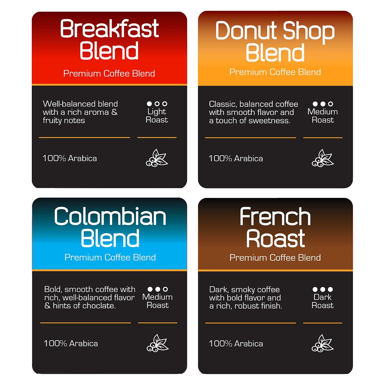 Roast Ridge Single Serve Coffee Pods for Keurig K-Cup Brewers, Variety Pack, Light Roast, Medium Roast, Dark Roast, 100 Count (25 Each: Breakfast Blend, Donut Shop, French Roast, Colombian)