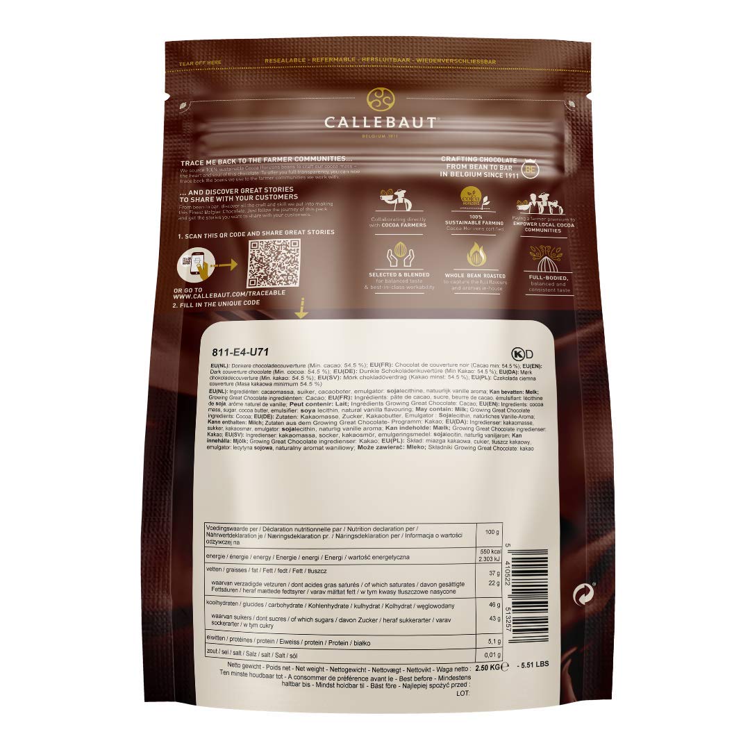 Callebaut Recipe No. 811 Finest Belgian Dark Chocolate Callets 2.5kg Bag | 54.5% min dry cocoa solids, 36.6% fat