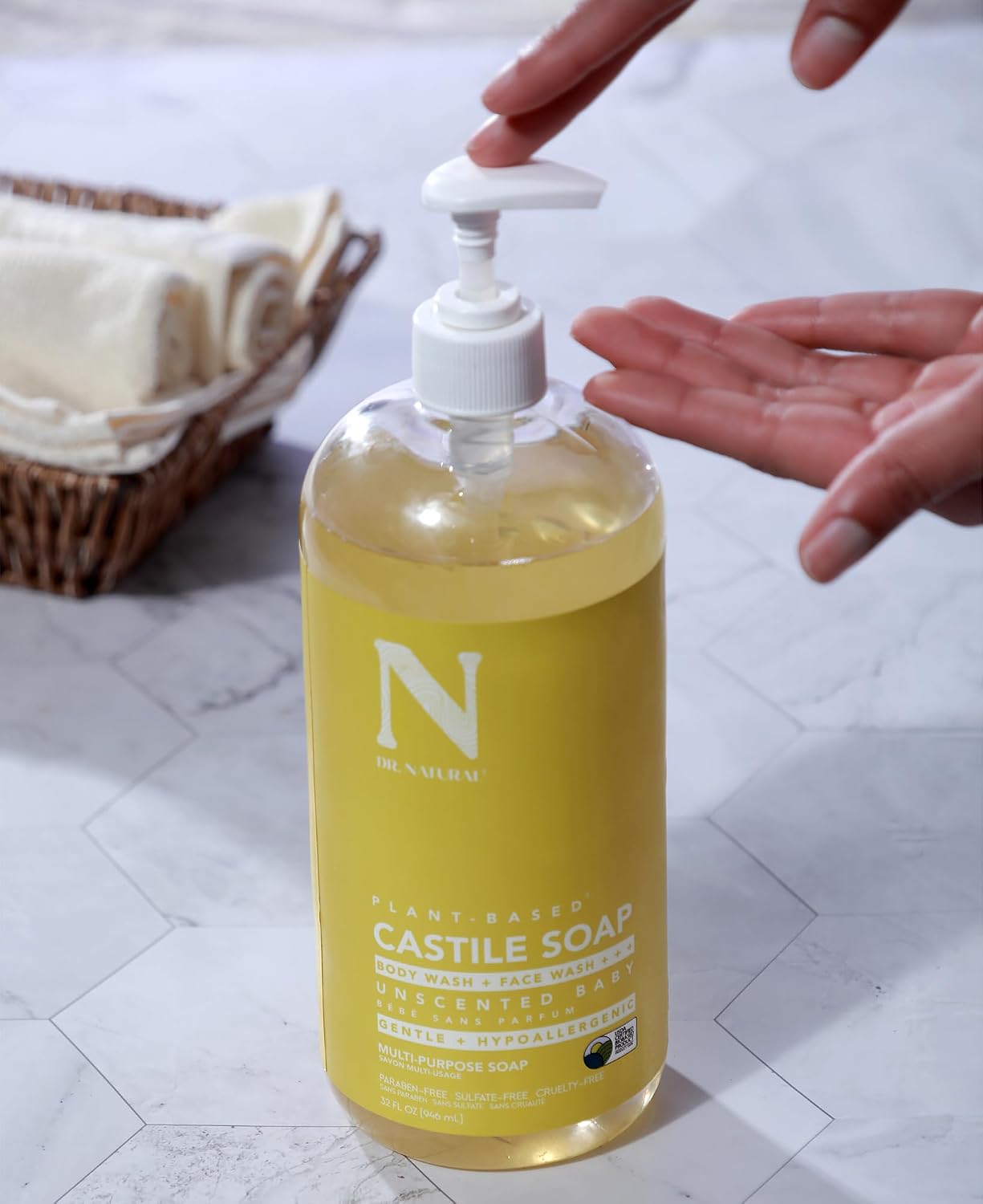 Dr. Natural Castile Liquid Soap - Multi-Use Body Wash, Shampoo and Face Wash - Body Soap for Skin, Hair, Pets and Home - Unscented Baby - 32 oz