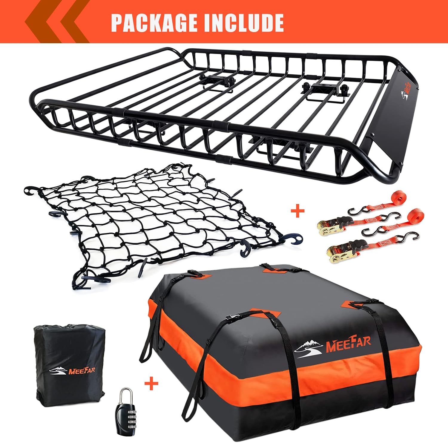 Roof Rack Rooftop Cargo Carrier Basket 65"*39"*6"+Waterproof Bag 20 Cu.Ft. | Roof Basket include Cargo Net with Hooks,Ratchet Straps,Combination Lock|200 Lbs Capacity,Universal Rooftop Large Roof Rack