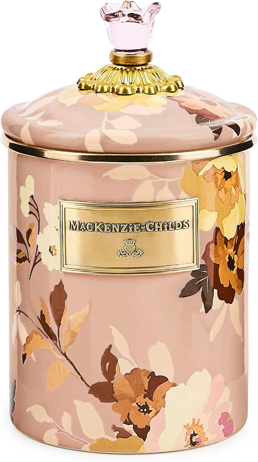 MACKENZIE-CHILDS Enamel Canister, Medium, White Butterfly Garden | Hand-applied design, made from enameled steel, versatile kitchen storage container for flour and sugar, 48-ounce capacity