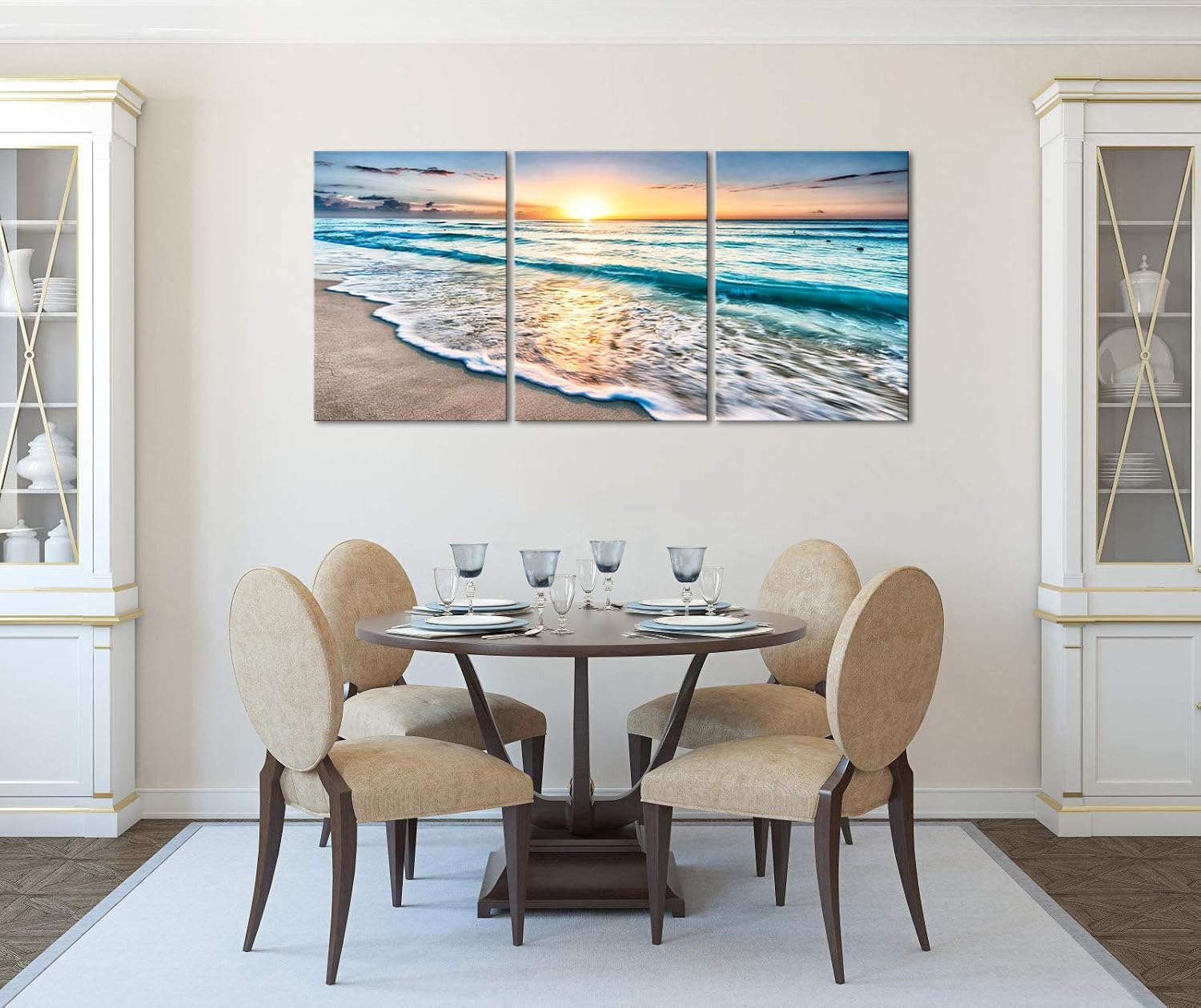 Wieco Art 3 Panel Blue Beach Canvas Wall Art for Home Decor Sunset White Wave Beach Pictures on Canvas Sea View Canvas Prints Artwork for Wall Decor