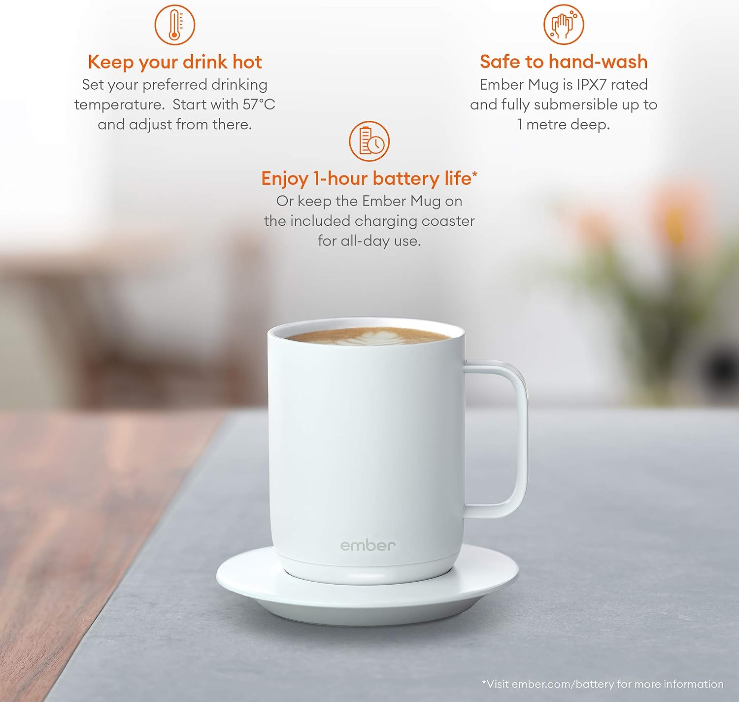 Ember Temperature-Control Smart Mug, 10 Ounce, 1-hr Battery Life, White - App-Controlled Heated Coffee Mug