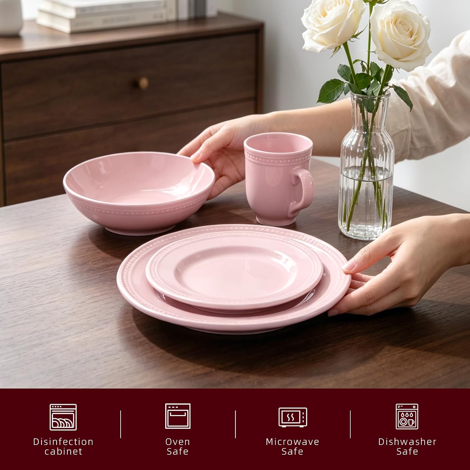 HomeVSS 20-Piece Pearl Dots Stoneware Dinnerware Set, Pink, Service for 4