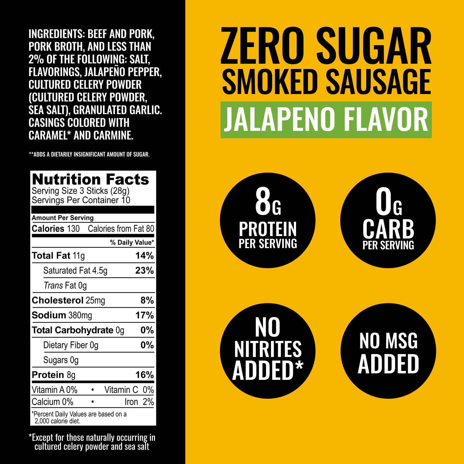 Tillamook Country Smoker Zero Sugar Spicy Jalapeno Smoked Sausages, 10 Oz, 9g Protein, Real Hardwood Slow Smoked High Protein, Low Carb Meat Sticks