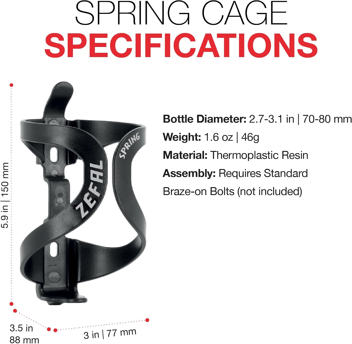 Zefal Spring Bottle Cage – Black, Lightweight 46g Flexible Thermoplastic Resin Water Bottle Holder, Universal 70–80 mm Fit