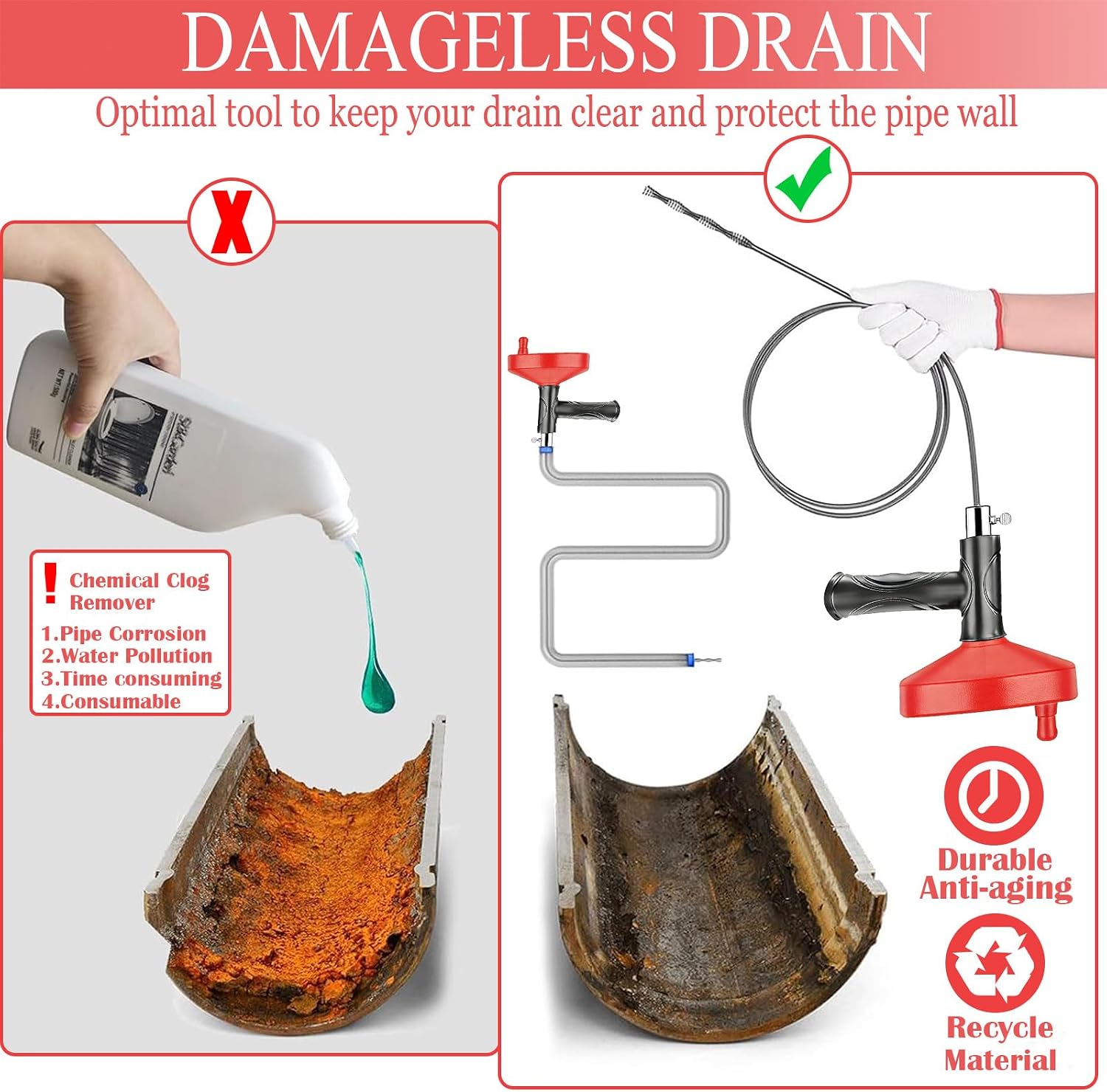 Drain Snake Auger 33 Ft, Plumbing Snake Drain Hair Clog Removal Tool, Heavy Duty Snake Auger