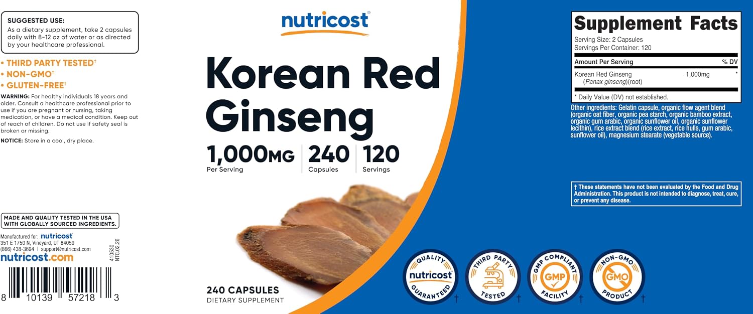 Nutricost Korean Ginseng 1000mg Per Serving, 240 Capsules, 120 Servings | 500 mg Per Capsule, Korean Panax Red Ginseng, Gluten-Free & GMO-Free