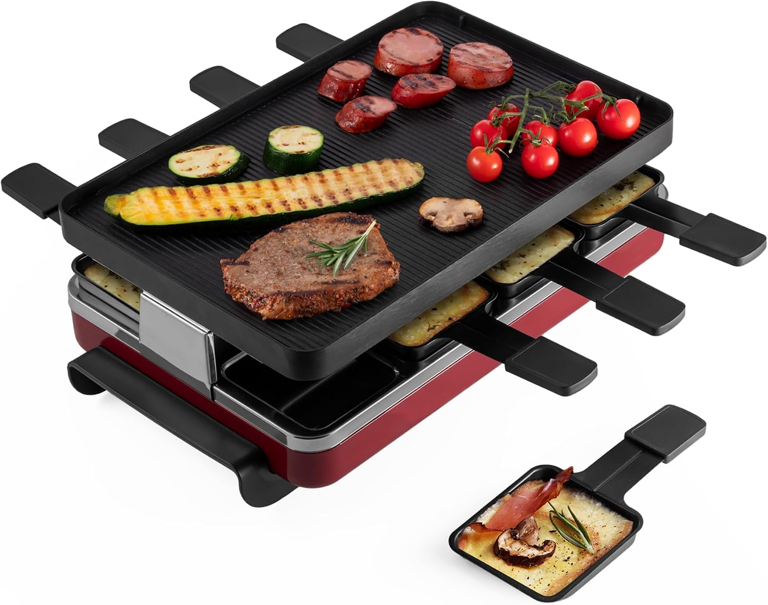 Swissmar Classic 8-Person Raclette Party Grill - Indoor Electric Grill & Griller with Reversible Cast Iron Grill Plate/Crepe Top - Anthracite Black