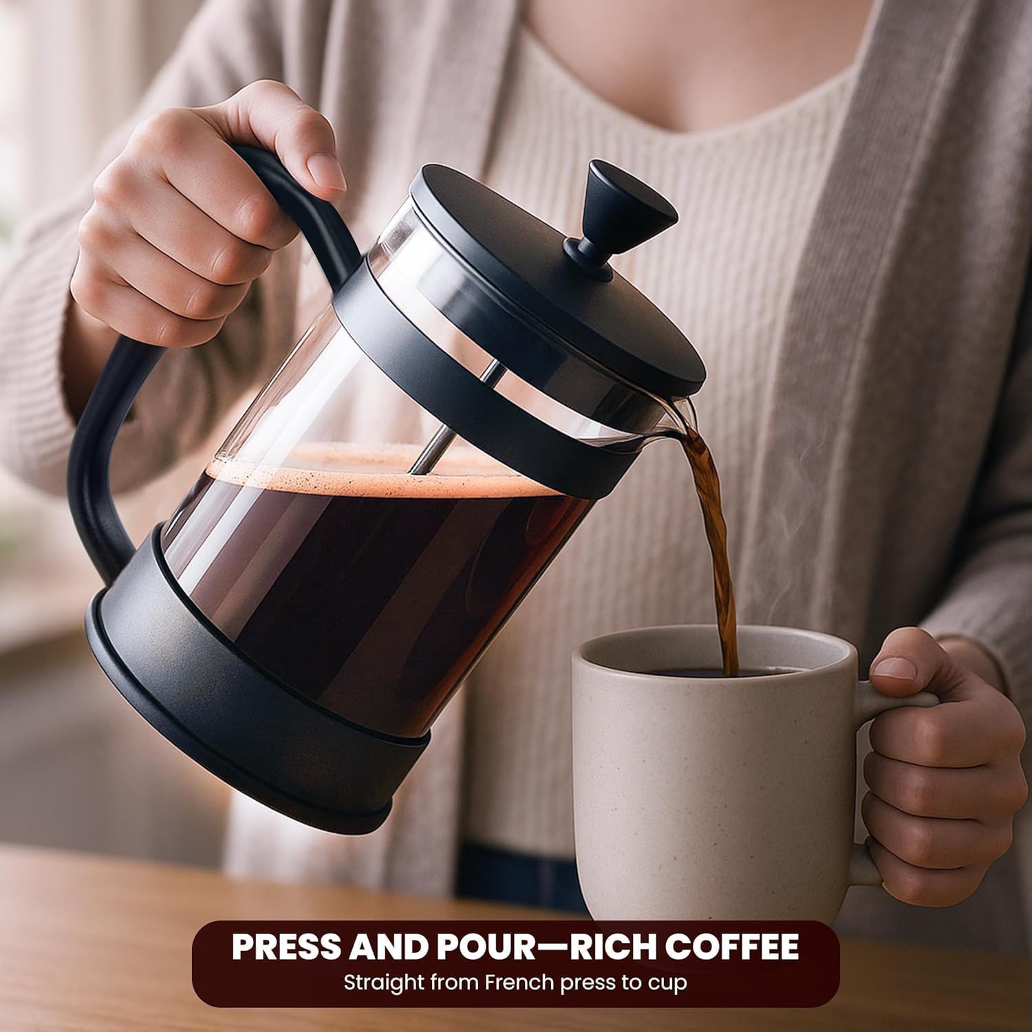 Utopia Kitchen Borosilicate Glass French Press Coffee Maker 34 Oz, Black | Heat-Resistant Cafetiere & Tea Maker, Thickened Glass Coffee Press for Travel and Camping