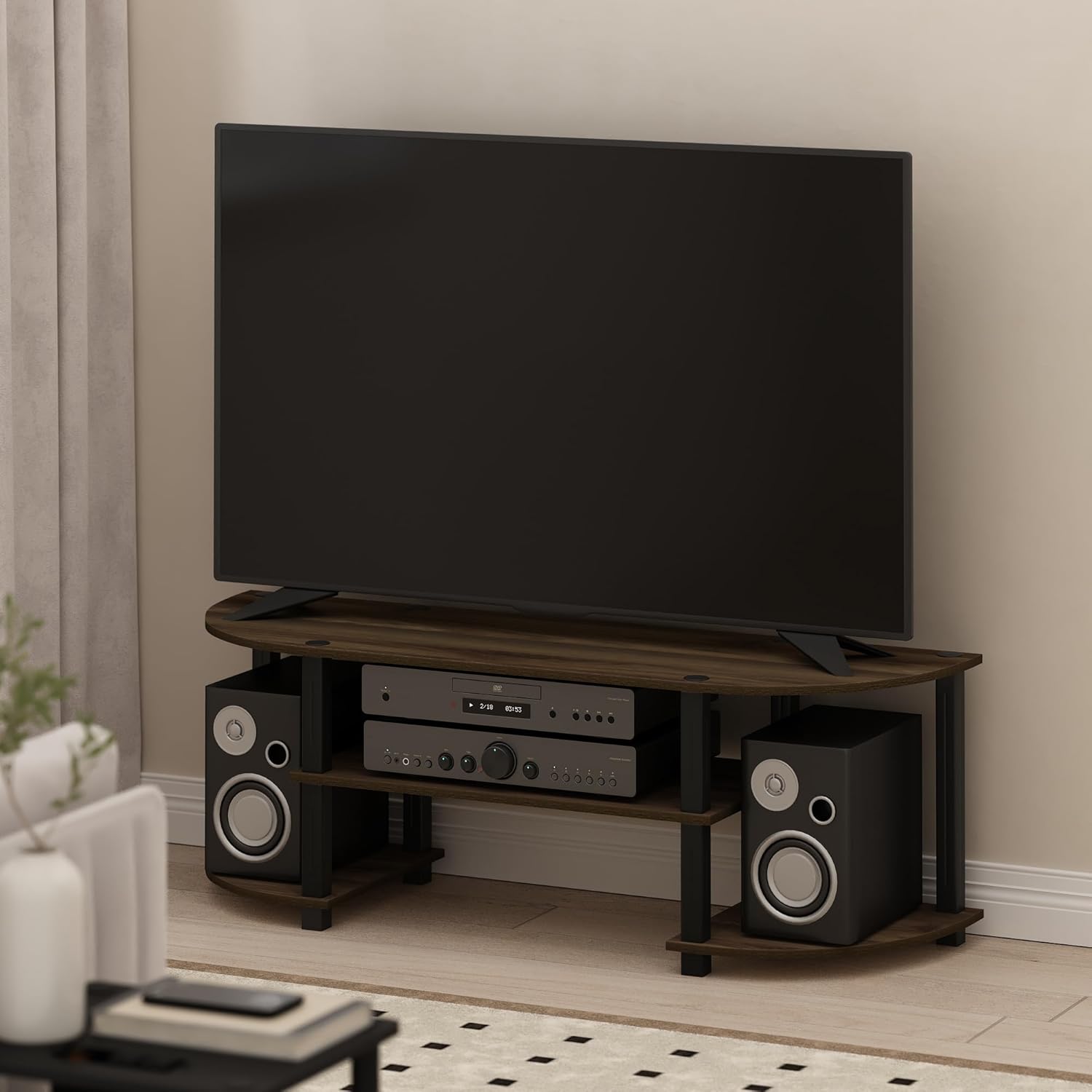 Furinno TURN-S-TUBE 3-Tier TV Stand for TVs up to 55 Inch, French Oak | Toolless Entertainment Center with Open Storage Shelves, Media Console Table with Soundbar Shelf for Living Room, Bedroom