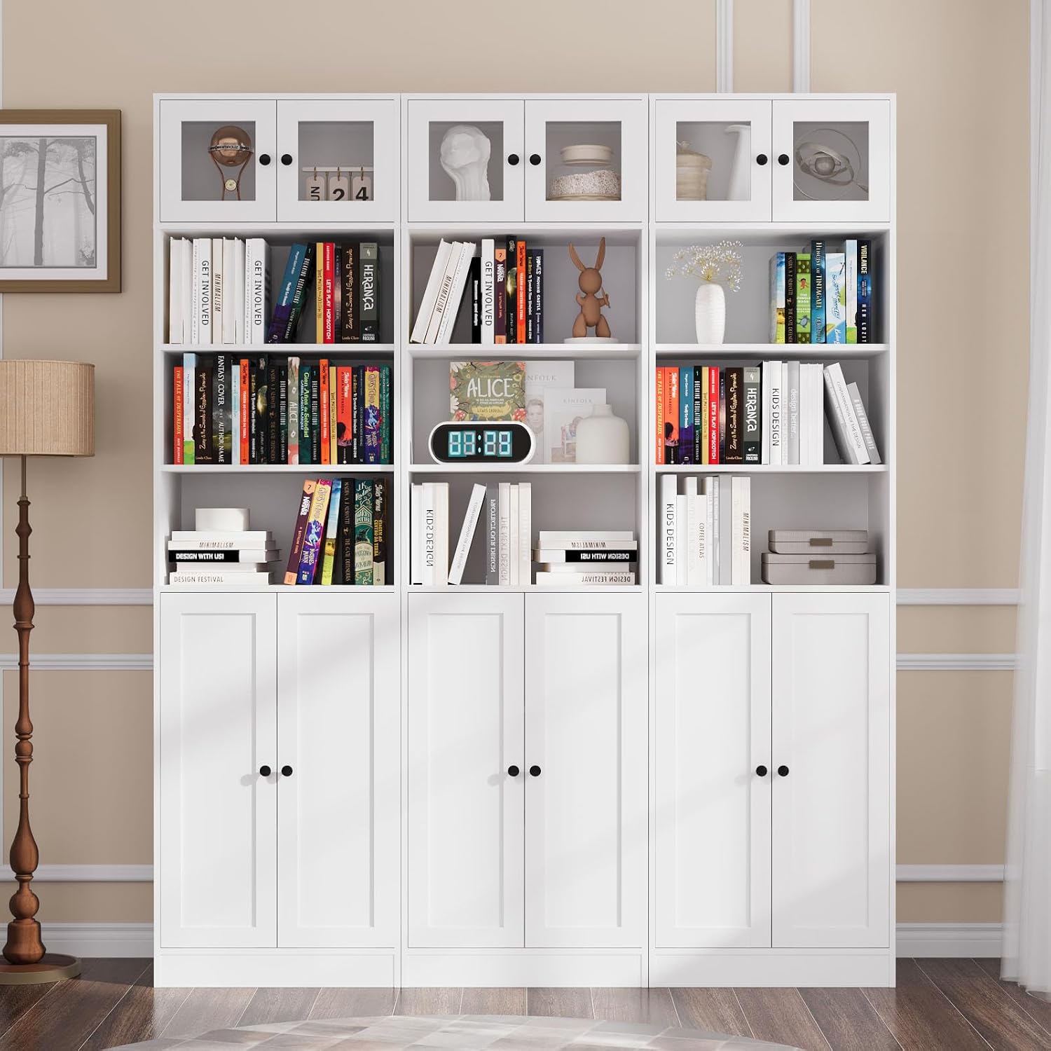 TUSY 85.5 Inch Tall Bookshelf with Doors - 7 Tier Bookcase with Glass Doors and Drawer, 23.6" Wide Storage Cabinet with Open Shelves for Living Room, White Book Shelf for Home Office, Study (AAAA)