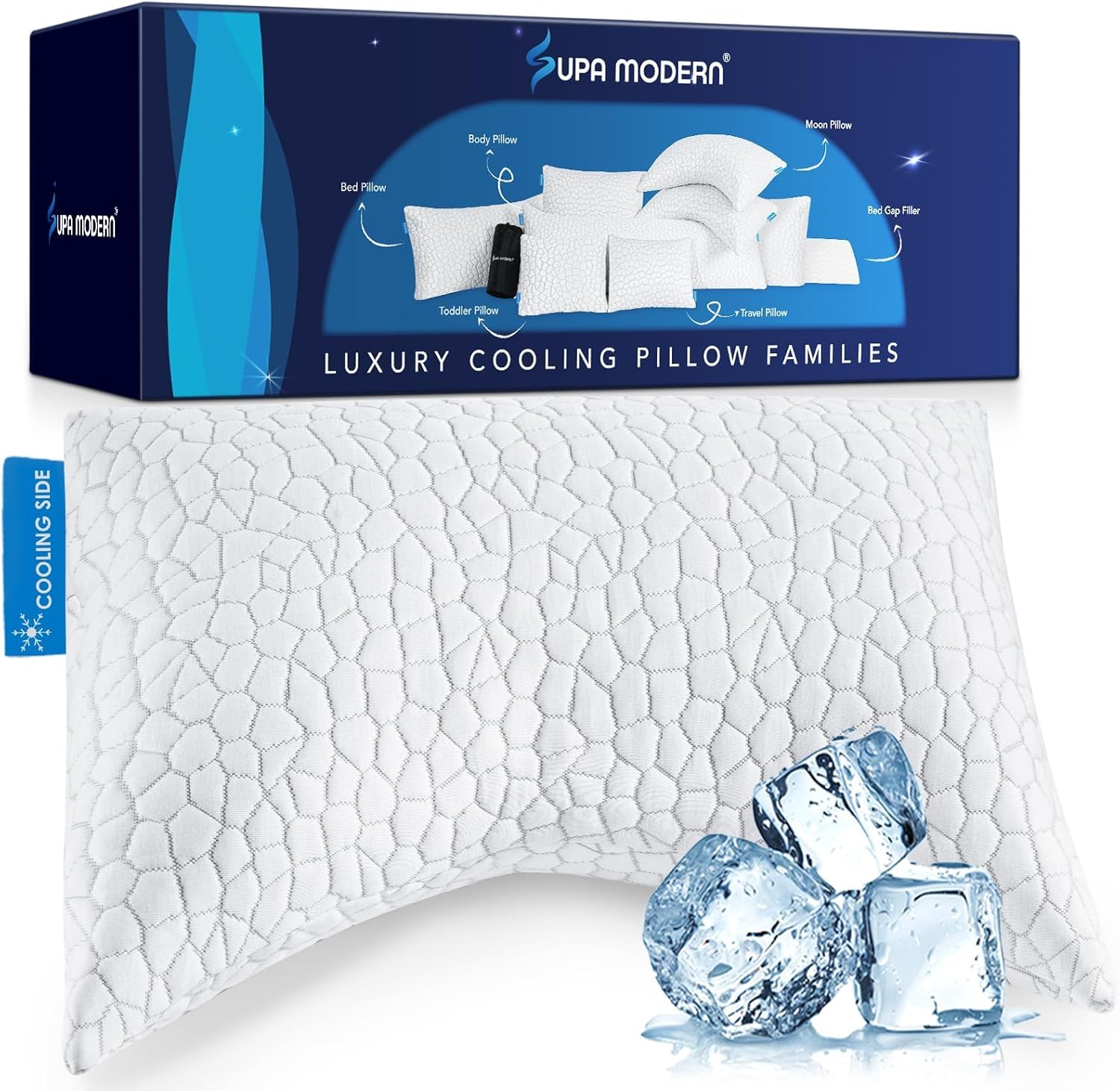 SUPA MODERN Cooling Pillow Queen Size Set of 2, CertiPUR-US Shredded Memory Foam Pillows for Sleeping, Cool Bed Pillows for Hot Sleepers, Adjustable Firm Pillow for Side,Back,Stomach Sleepers