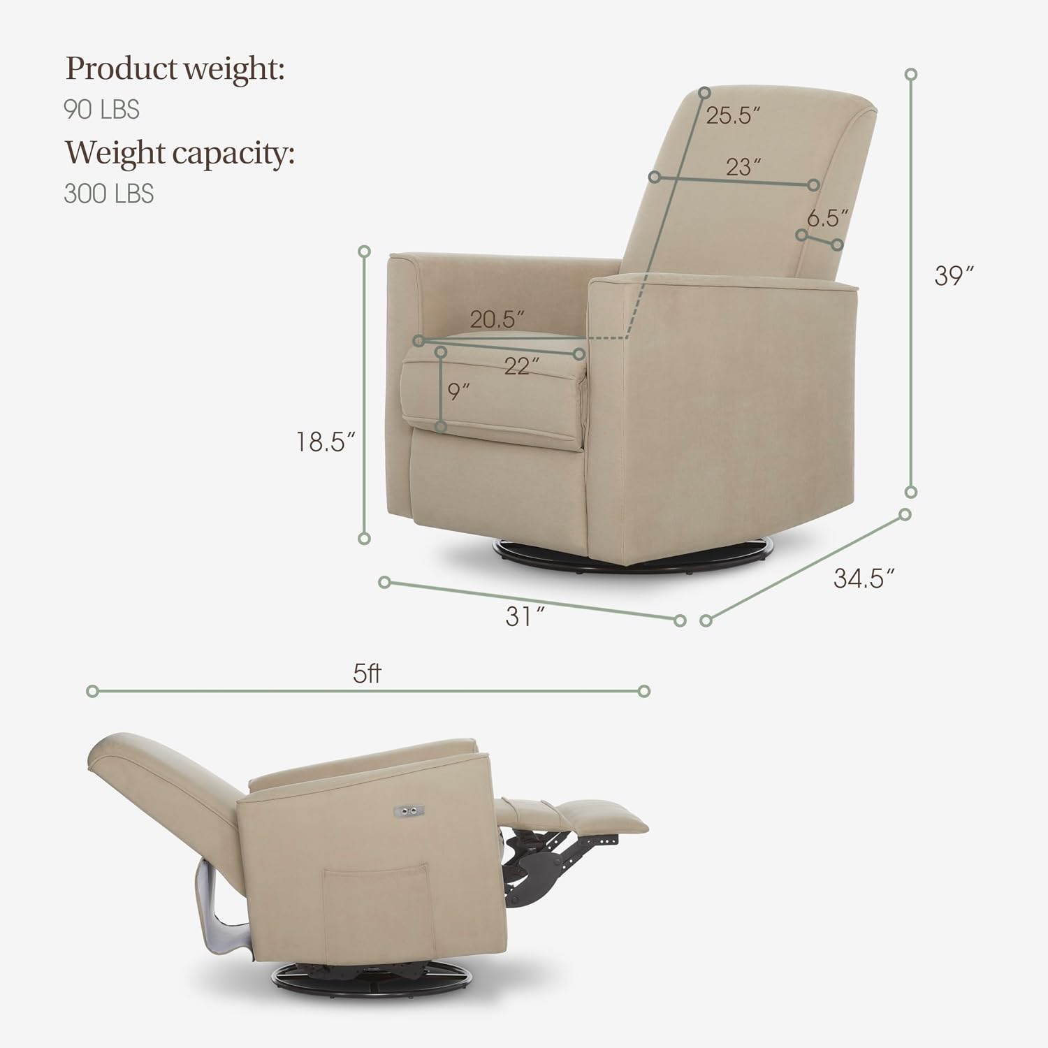 évolur Harlow Upholstered Power Glider Recliner with USB Charging – Rocking & 275° Swivel with Smooth Glide – Greenguard Gold & FSC