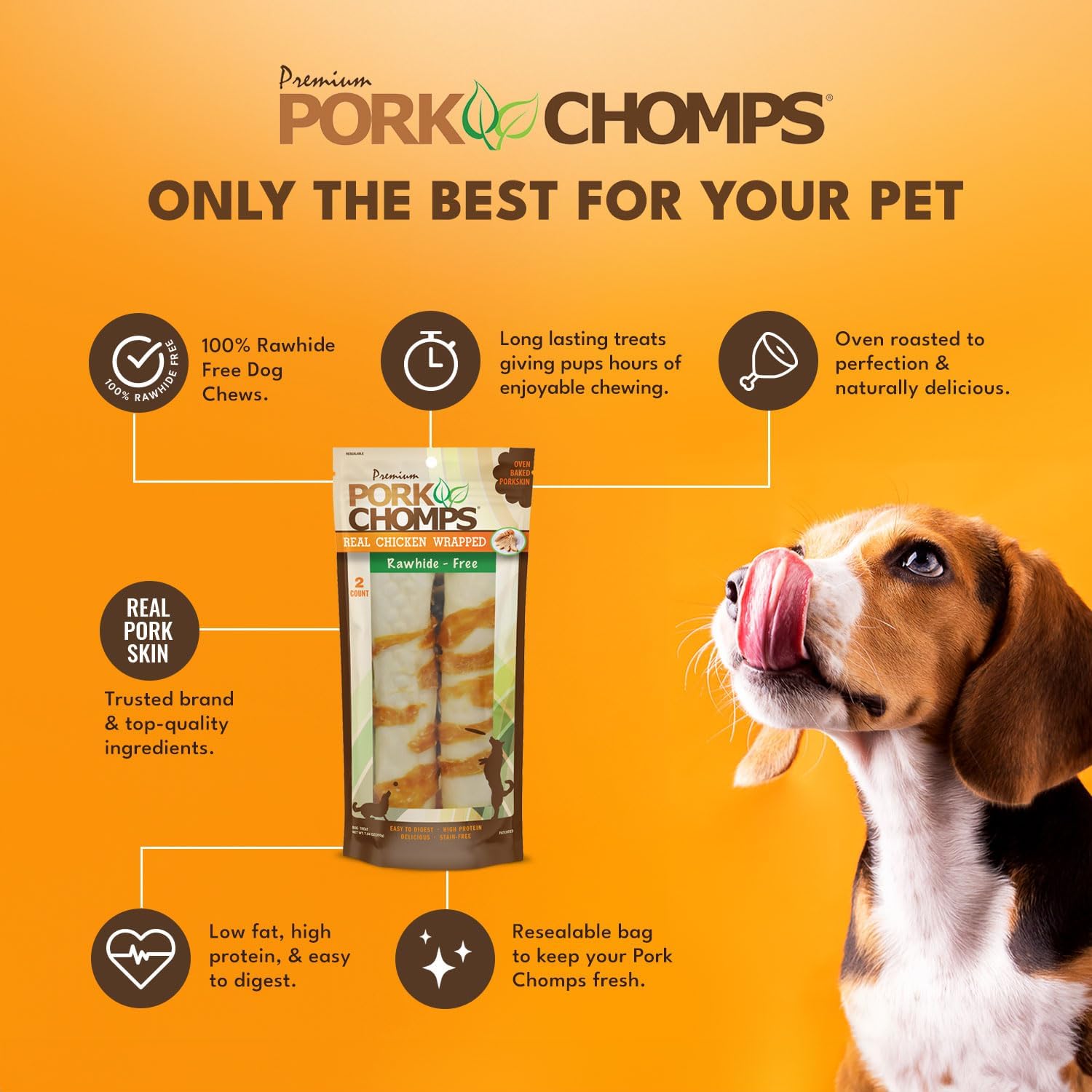 Pork Chomps Rawhide Free Pork Skin Dog Chews, Chicken Wrap, 8in Rolls, 2ct