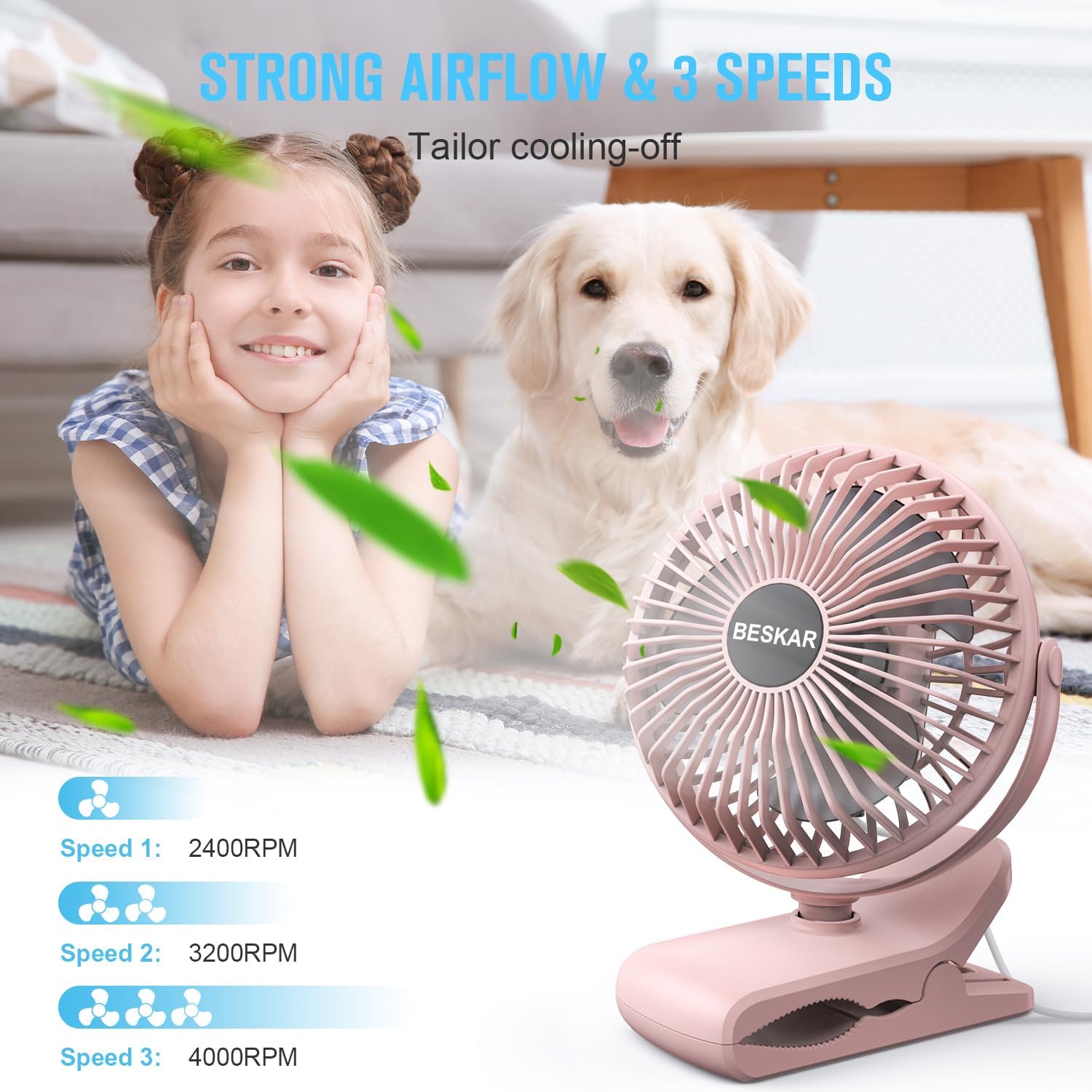 BESKAR USB Clip on Fan, Portable Small Desk Fan with Cord Powered