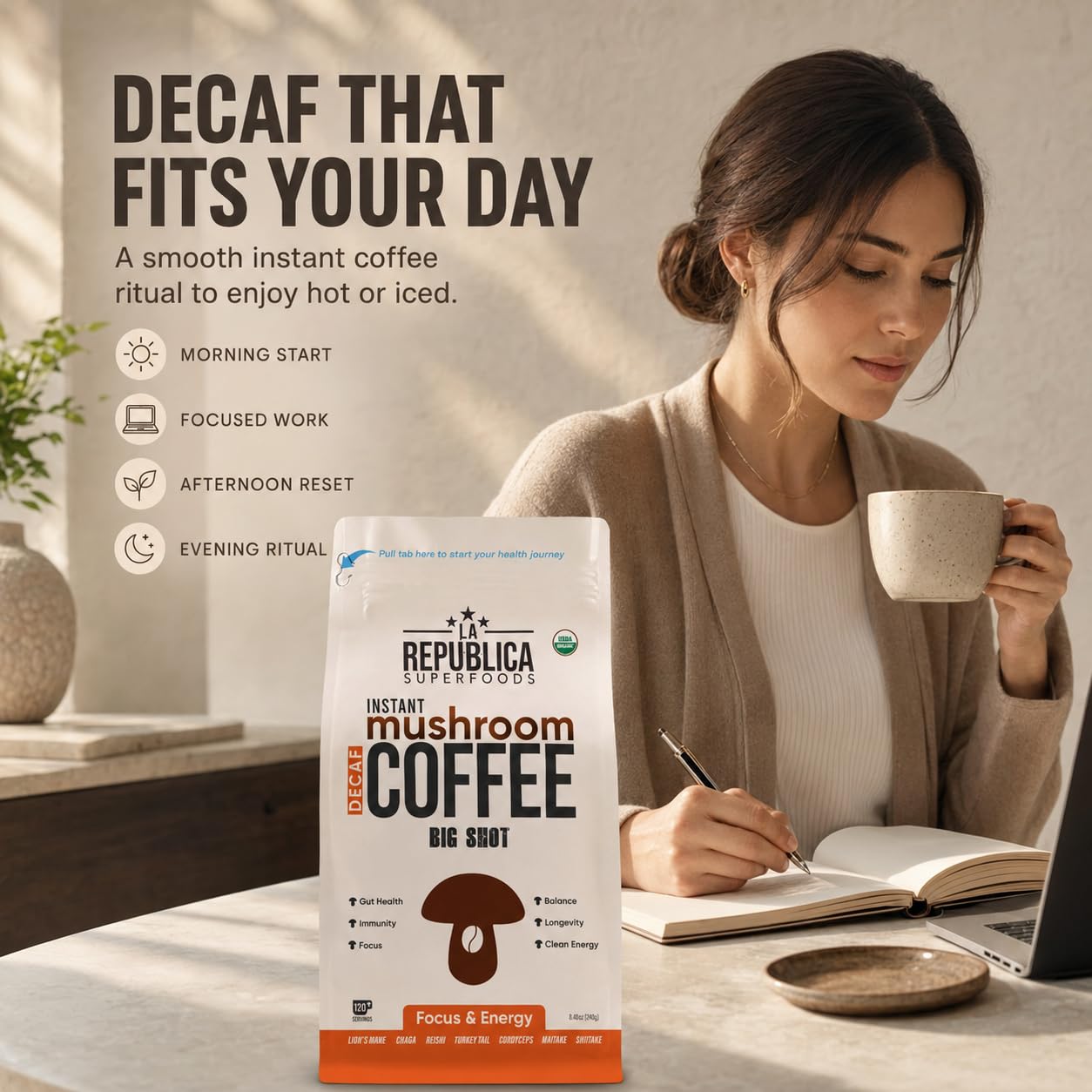La Republica DECAF Organic Mushroom Coffee (35 Servings) with 7 Superfood Shrooms, Great Tasting Instant Mix Includes Lion's Mane, Reishi, Chaga, Cordyceps, Shiitake, Maitake, and Turkey Tail (Decaffeinated)