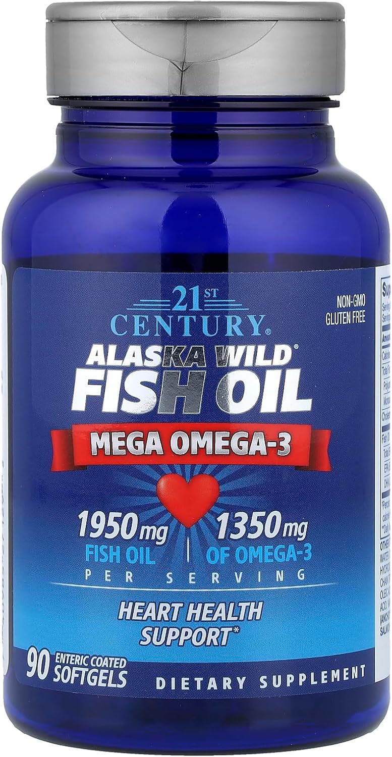 21st Century Alaska Wild Fish Oil Softgels, Mega Omega-3, Enteric Coated, 90 Count | Alaska Wild Fish Oil with omega-3 EPA & DHA, Heart, Joint