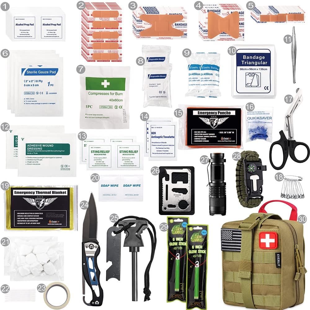 EVERLIT 250 Pcs Survival First Aid Kit | IFAK Outdoor Survival Kit Emergency Kit For Camping Hiking Hunting Earthquake Emergency Preparedness