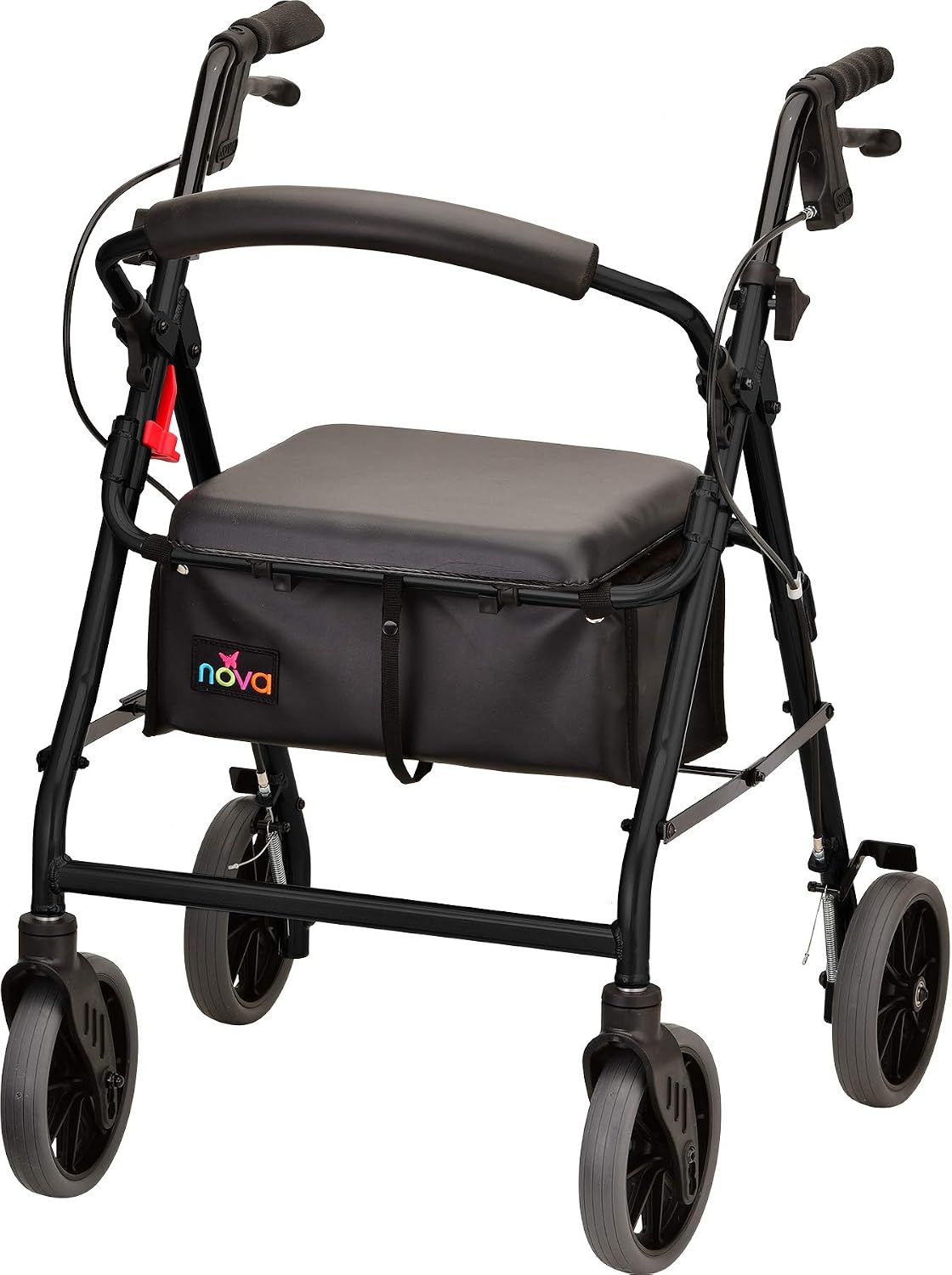NOVA Zoom 22 Rollator Walker for Seniors, Rolling Walker with Locking Hand Brakes, Padded Seat & 8" Wheels, Lock N Load for Easy Transport & Storage, Adjustable Height 5'5"–6'1", Red