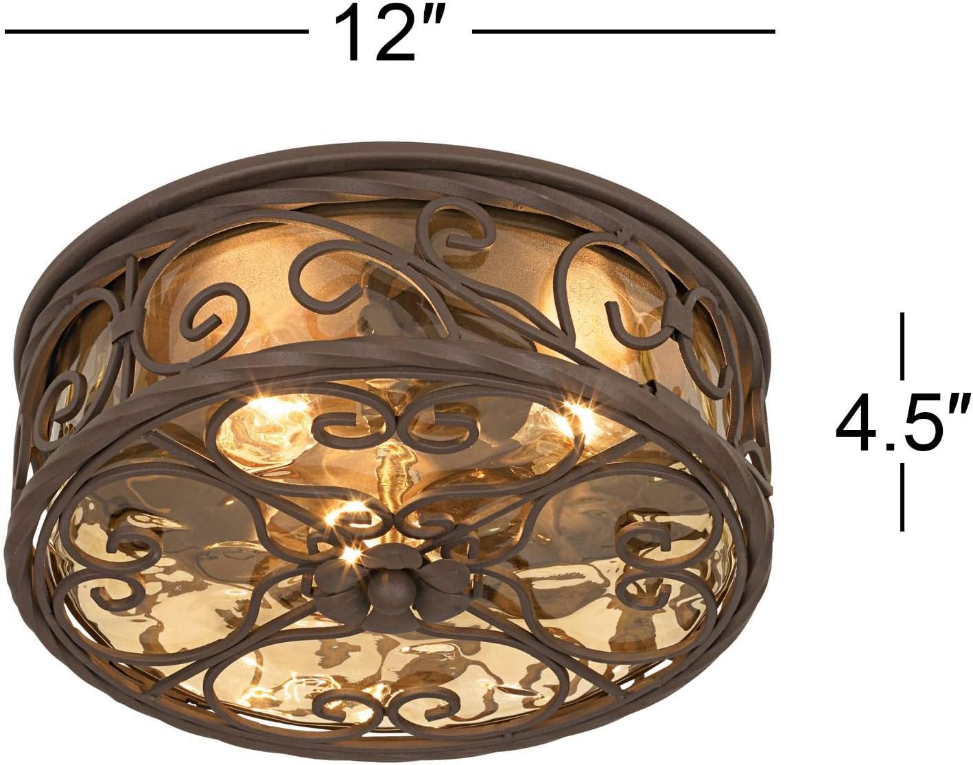 Casa Seville 12" Walnut Rustic Indoor-Outdoor Ceiling Light Fixture | Flush-Mount Dark Scroll Water Glass Damp Rated for Exterior House Porch Patio Outside Deck Garage Front Door Home