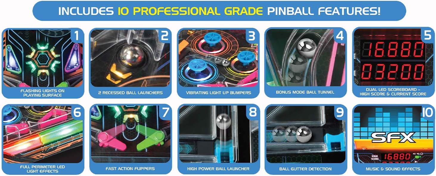 Merchant Ambassador Electronic Arcade Pro Pinball - Light & Sound Tabletop Game, Dual LED Scoreboard, 10 Professional-Grade Features
