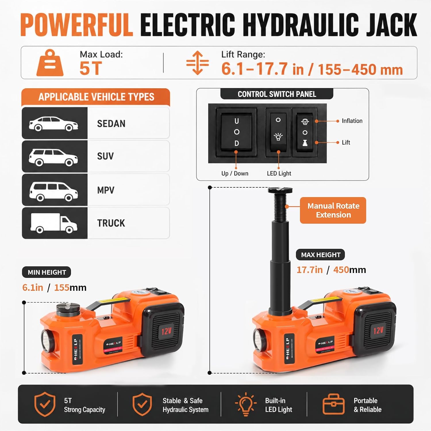 E-HEELP Electric Car Jack Kit 5 Ton 12V with Impact Wrench, 6.1-17.7 in