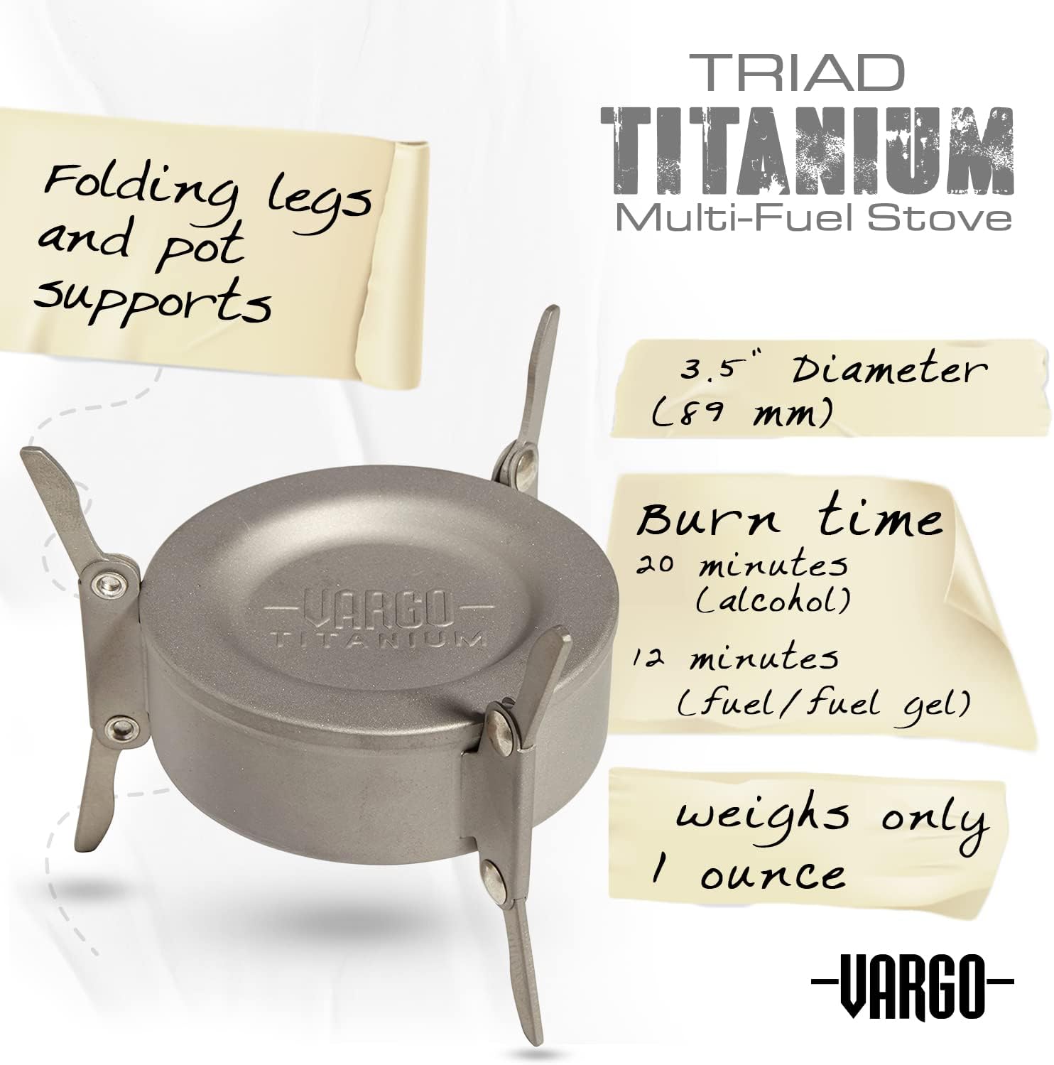 Vargo Titanium Triad Multi-Fuel Stove - Solid Titanium Construction, Lightweight, and Versatile