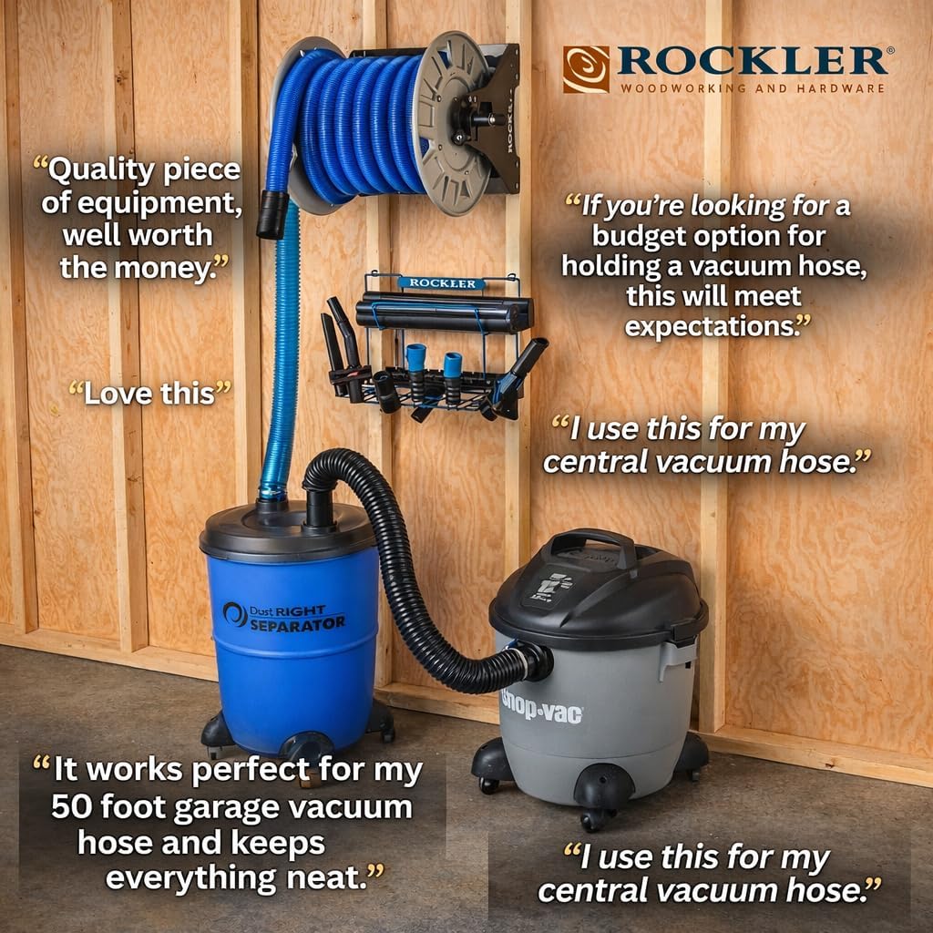 Rockler Wall Mount Vacuum Hose Reel Holds 40 ft 1-1/2 Inch Hose | Vacuum Hose Reel – Organized Hose Storage – Wall Mount Reel – Holds 40 ft