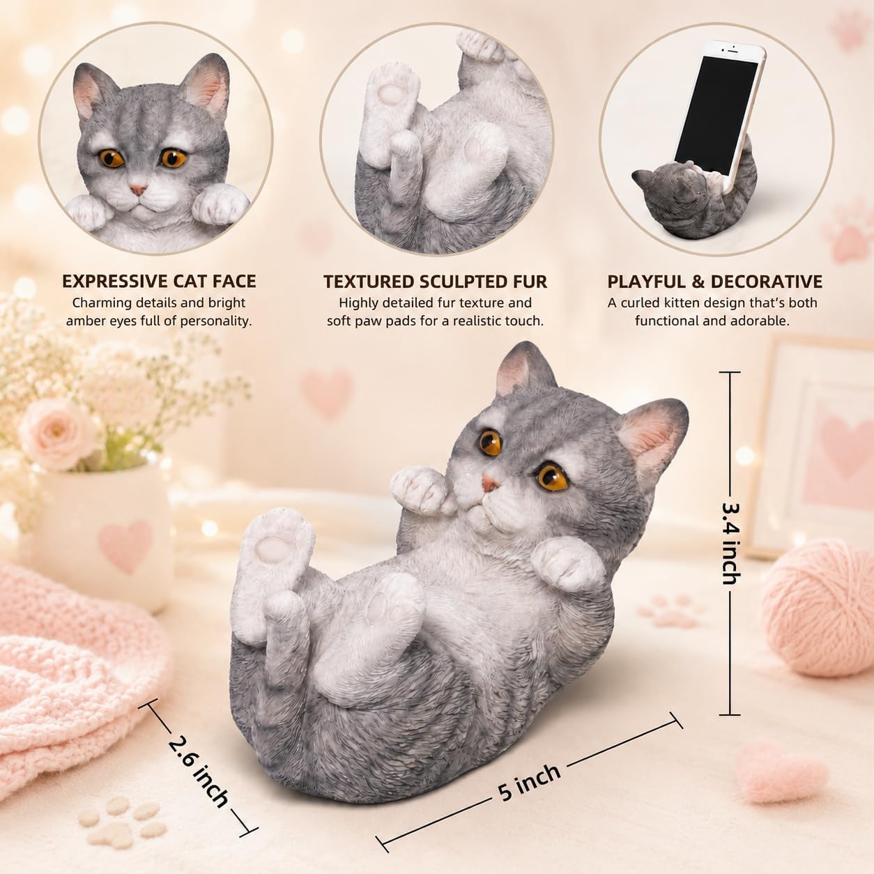 Hodao Cute Cat Phone Stand, Gray Kitten Cell Phone Holder for Desk, Resin Animal Figurine Stand for iPhone and Samsung, Vertical or Horizontal Viewing