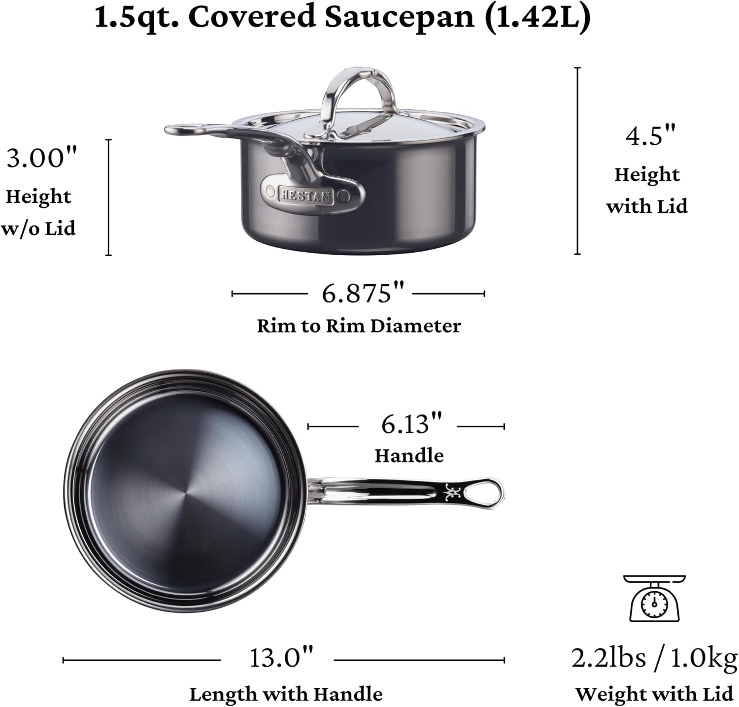 Hestan NanoBond Molecular Titanium Saucepan with Lid, 1.5-Quart - PFAS-Free Stainless Steel, 4x Stronger, 1050°F Oven Safe, Induction Compatible