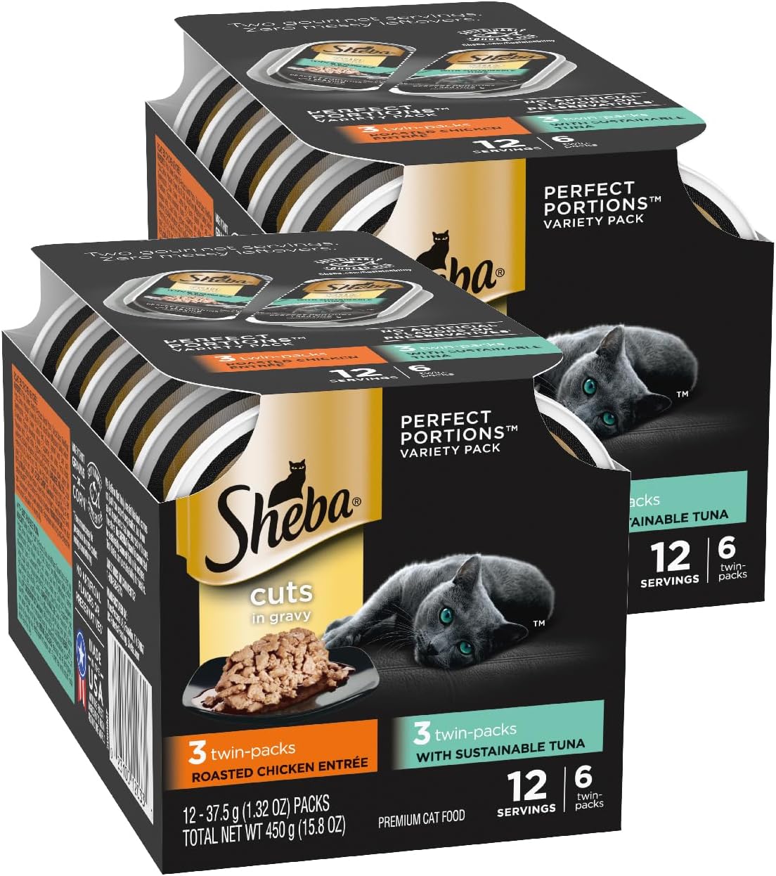 Sheba Perfect Portions Cuts Wet Cat Food, Chicken & Turkey, 2.6 oz, 12 ct | Grain-free, Roasted Chicken & Tender Turkey, adult cat food, protein-rich, no fillers or artificial flavors, twin-pack trays