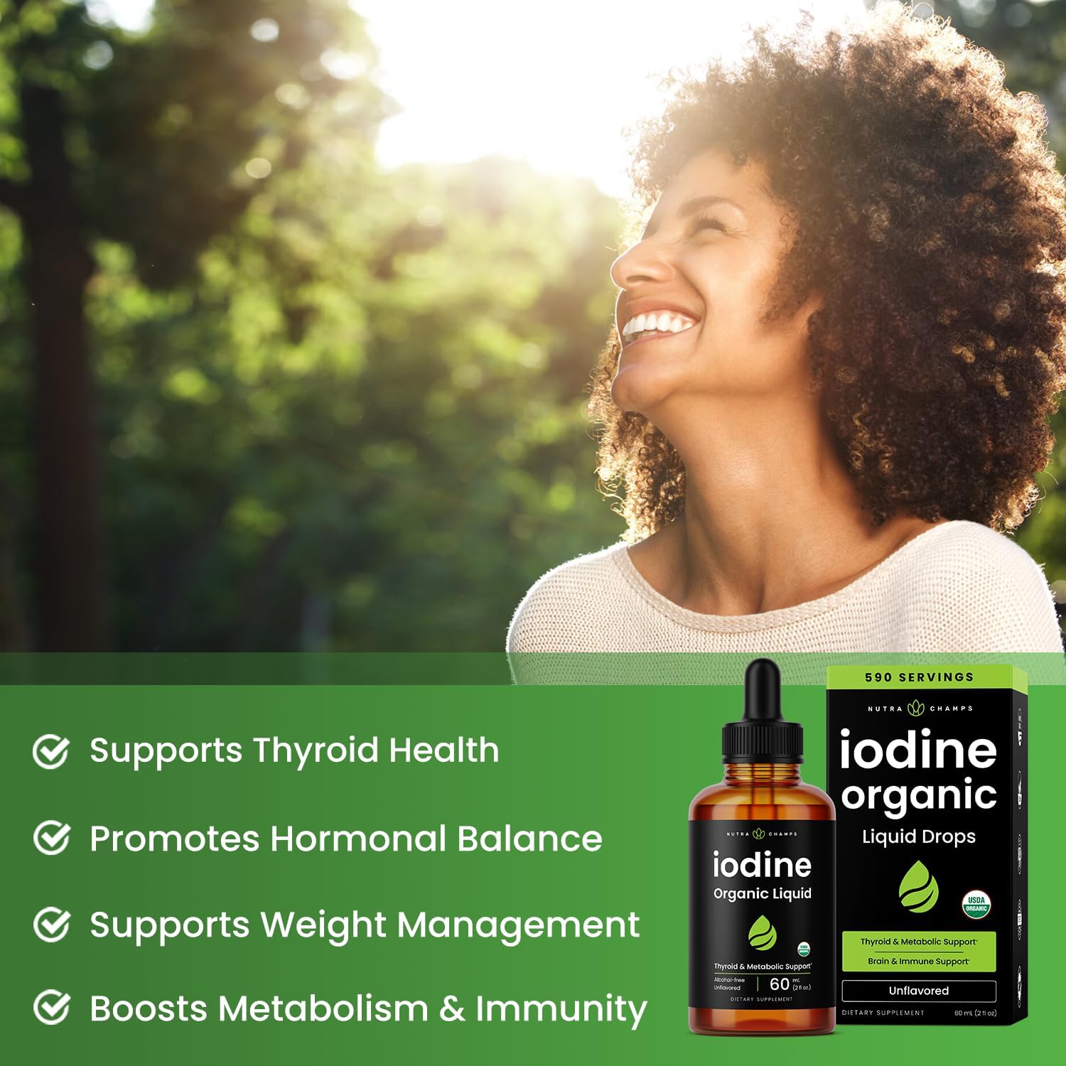 Organic Iodine Liquid Drops - 250 mcg Iodine Supplement for Women & Men - Potassium Iodide Solution 250 mcg - 590 Servings - Thyroid