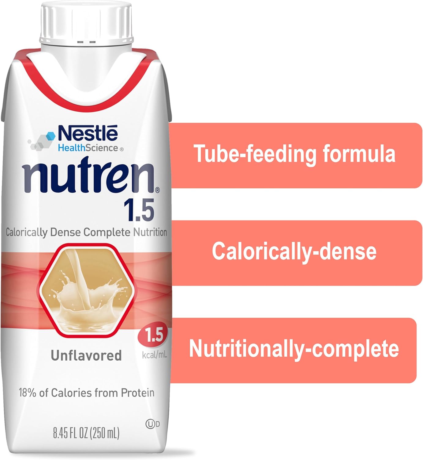 Nestle Nutren 1.5 Tube Feeding Formula, Unflavored, 250 ml, 24 Count, Meal Replacement Beverage