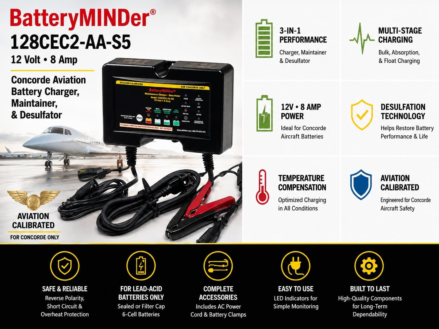 128CEC2-AA-S5 12V 8A Aviation Battery Charger | Calibrated for Concorde Batteries | Aircraft Battery Maintainer & Desulfator
