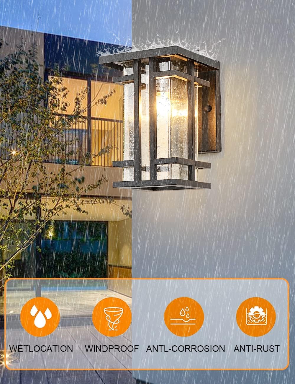 Rustic Dusk to Dawn Outdoor Wall Light Fixture 13.8"H Waterproof Exterior Wall Sconces Black Metal with Seeded Glass Sensor Outdoor Wall Lantern for