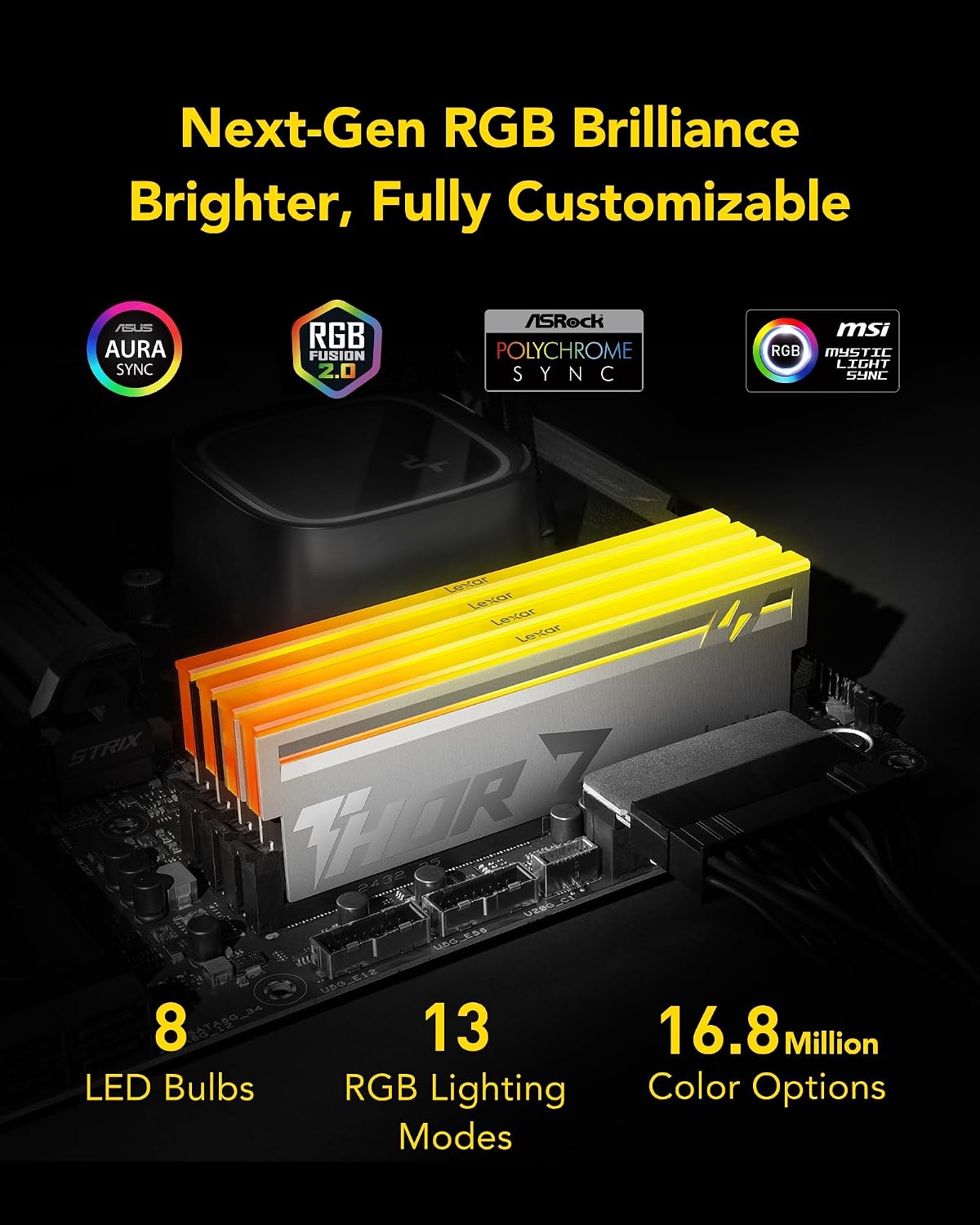 Lexar Thor Z RGB DDR5 RAM 32GB Kit (2x16GB) 6000MHz CL38 DRAM 288-Pin UDIMM | Supports Intel XMP 3.0 & AMD EXPO On-die ECC, PMIC, 1.35V High-Performance PC Computer Memory for Gaming, AI