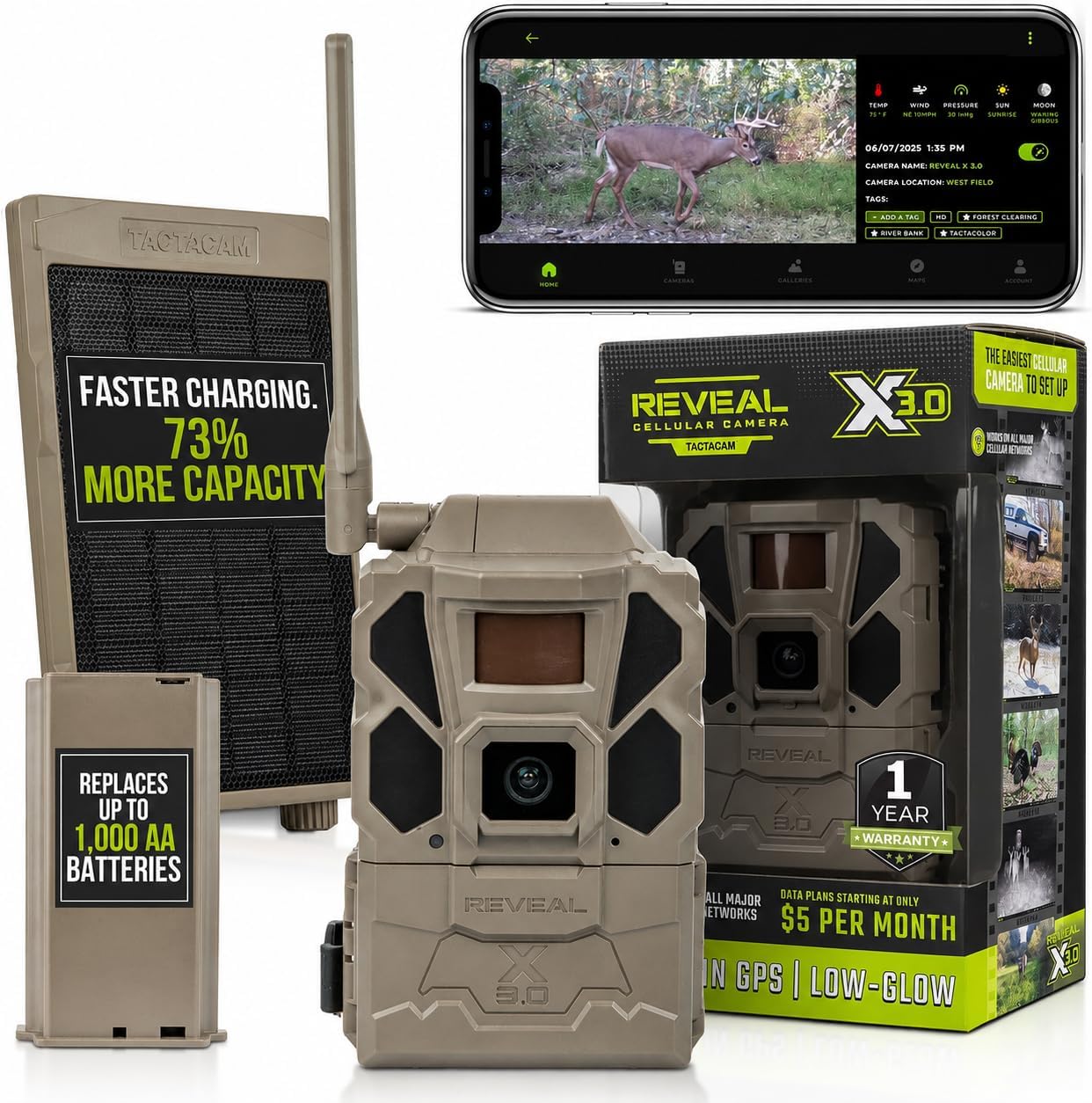 TACTACAM Reveal X 3.0 Cellular Trail Camera + LiPo Battery & Solar Panel | Night Vision | 4K photo, 1080p video, auto-connect multi-carrier LTE
