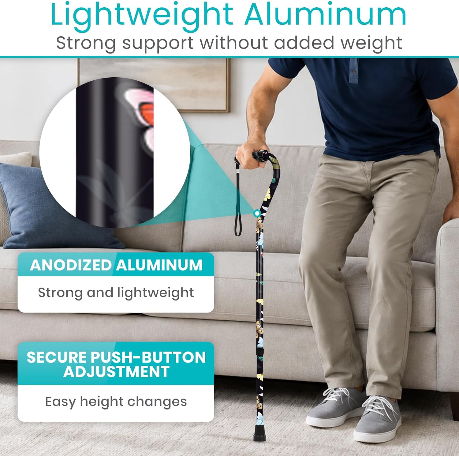 Vive Walking Cane for Women, Men, Elderly - Patented Offset Grip - Lightweight Adjustable Walking Aid with a Non-Slip Tip - Sturdy Balancing Mobility Aid for Seniors