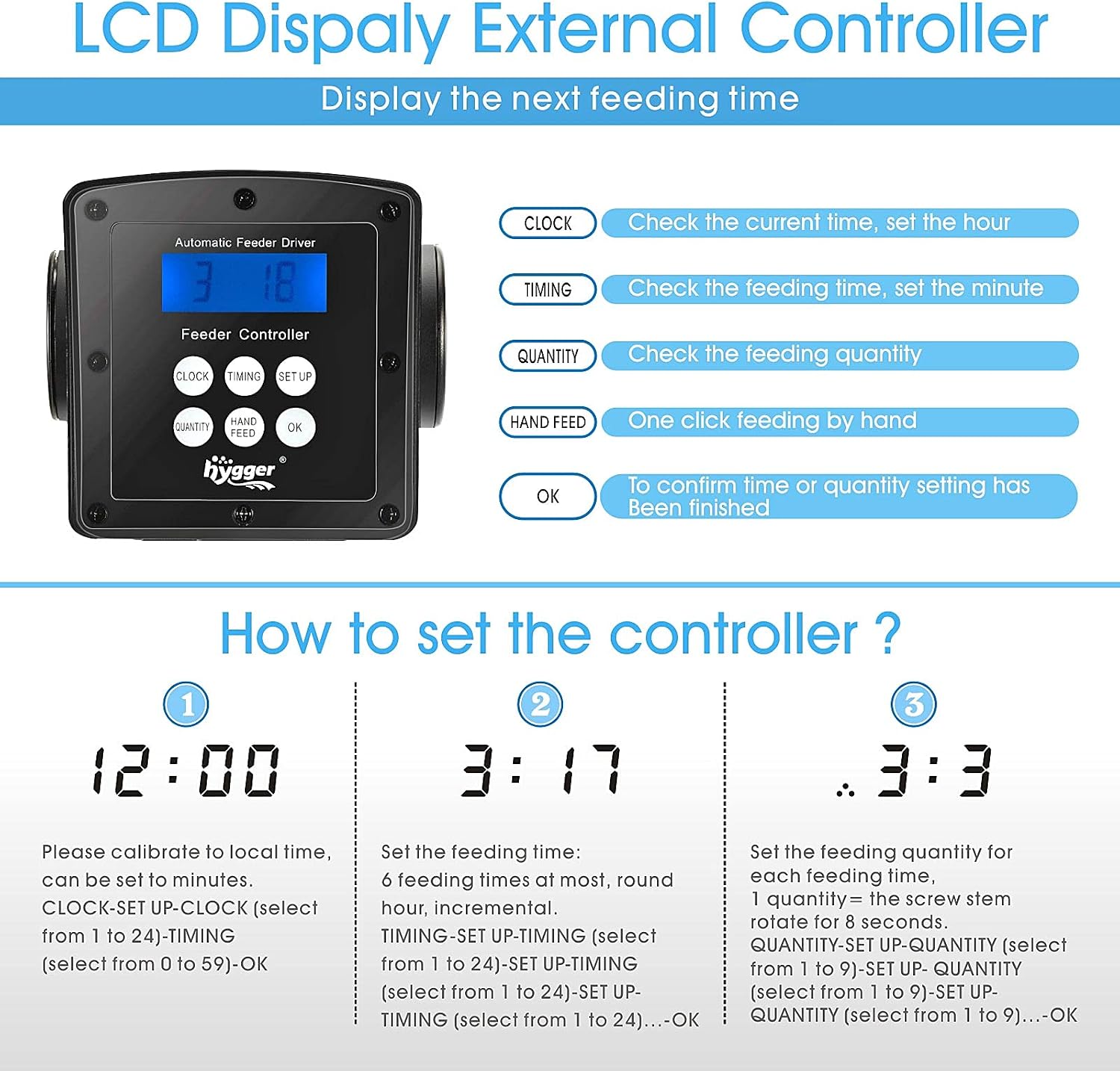 hygger LCD Control Automatic Pond Fish Feeder, Capacity 5.5L，DC 12V