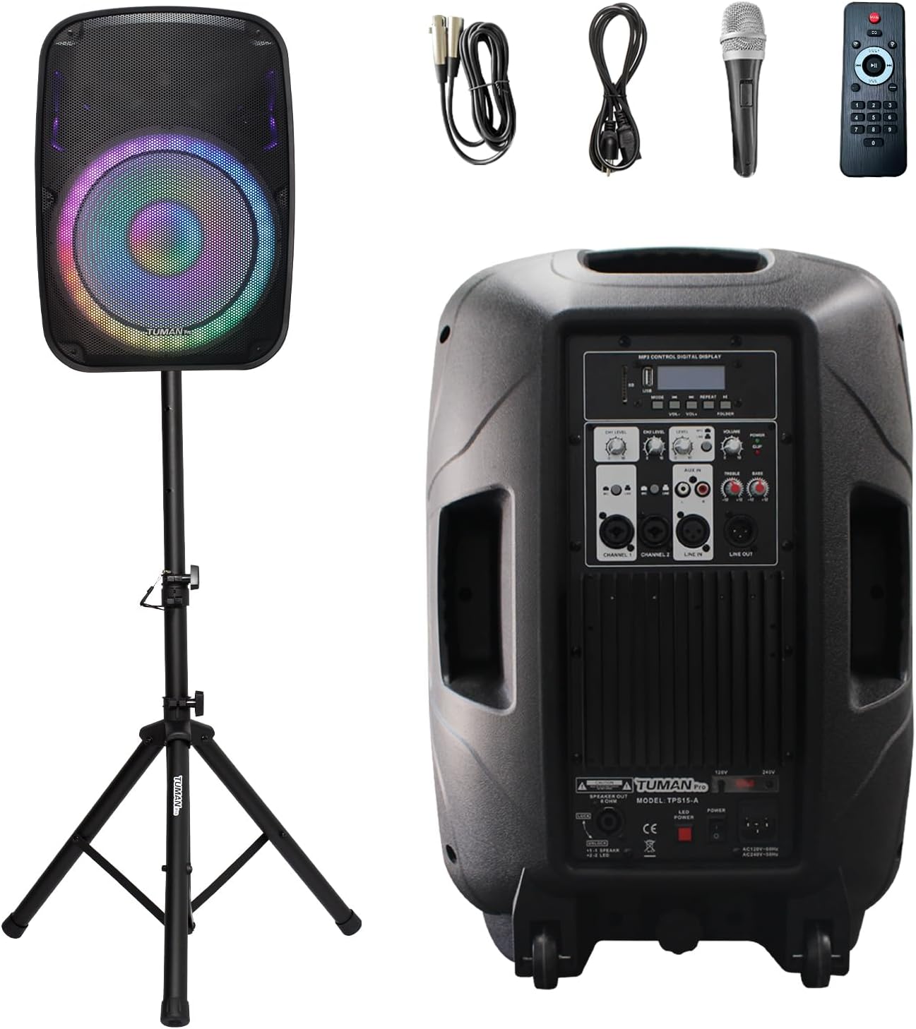 Portable 15-Inch Amplified PA DJ Speaker System | Support Bluetooth USB SD Playback FM Radio LED Light Remote Speaker Stand Suitable For Church Live