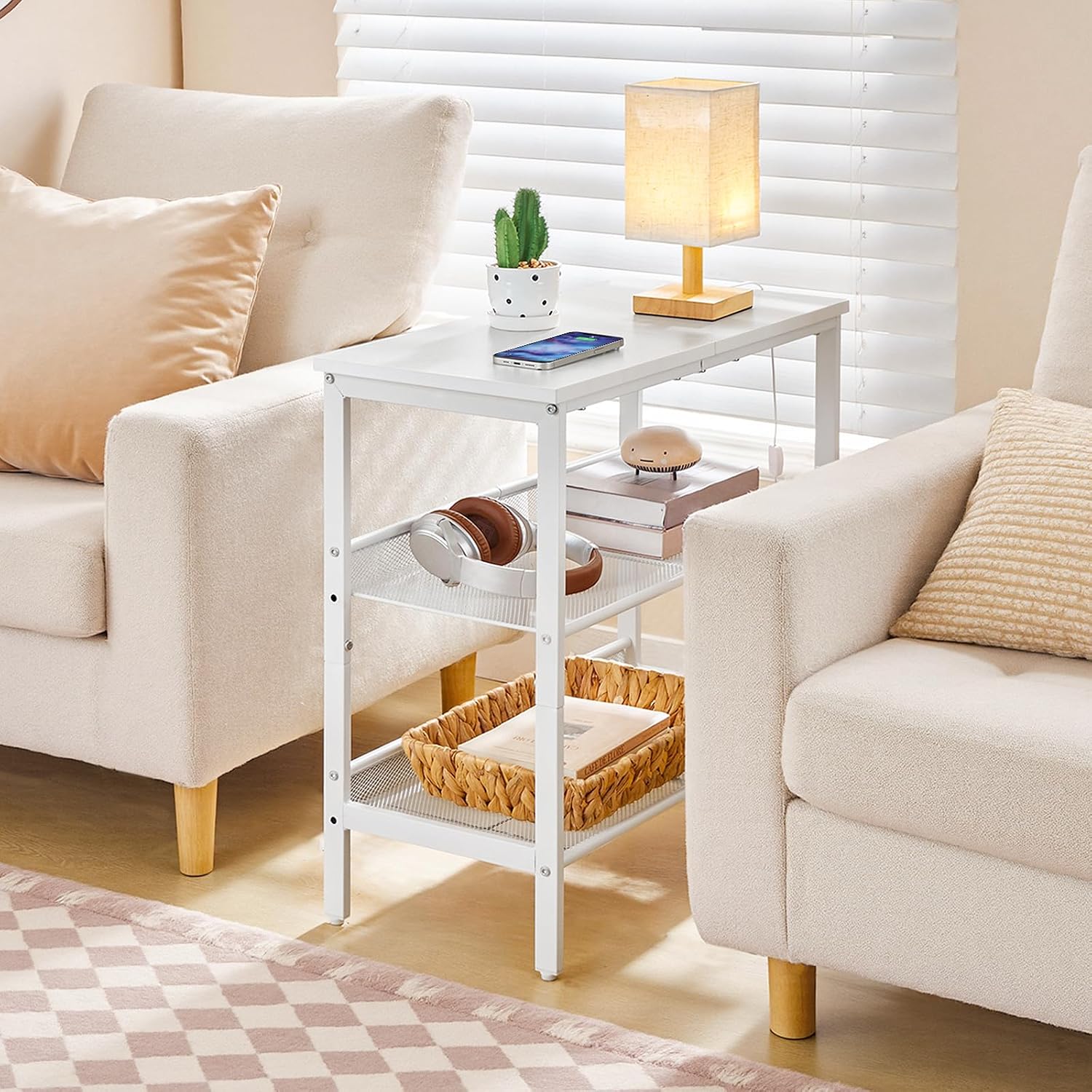 HOOBRO End Table, 3-Tier Narrow Side Table, Nightstand with 2 Flat or Slant Adjustable Shelves for Small Spaces, Hallway, Living Room, Bedroom, Sturdy